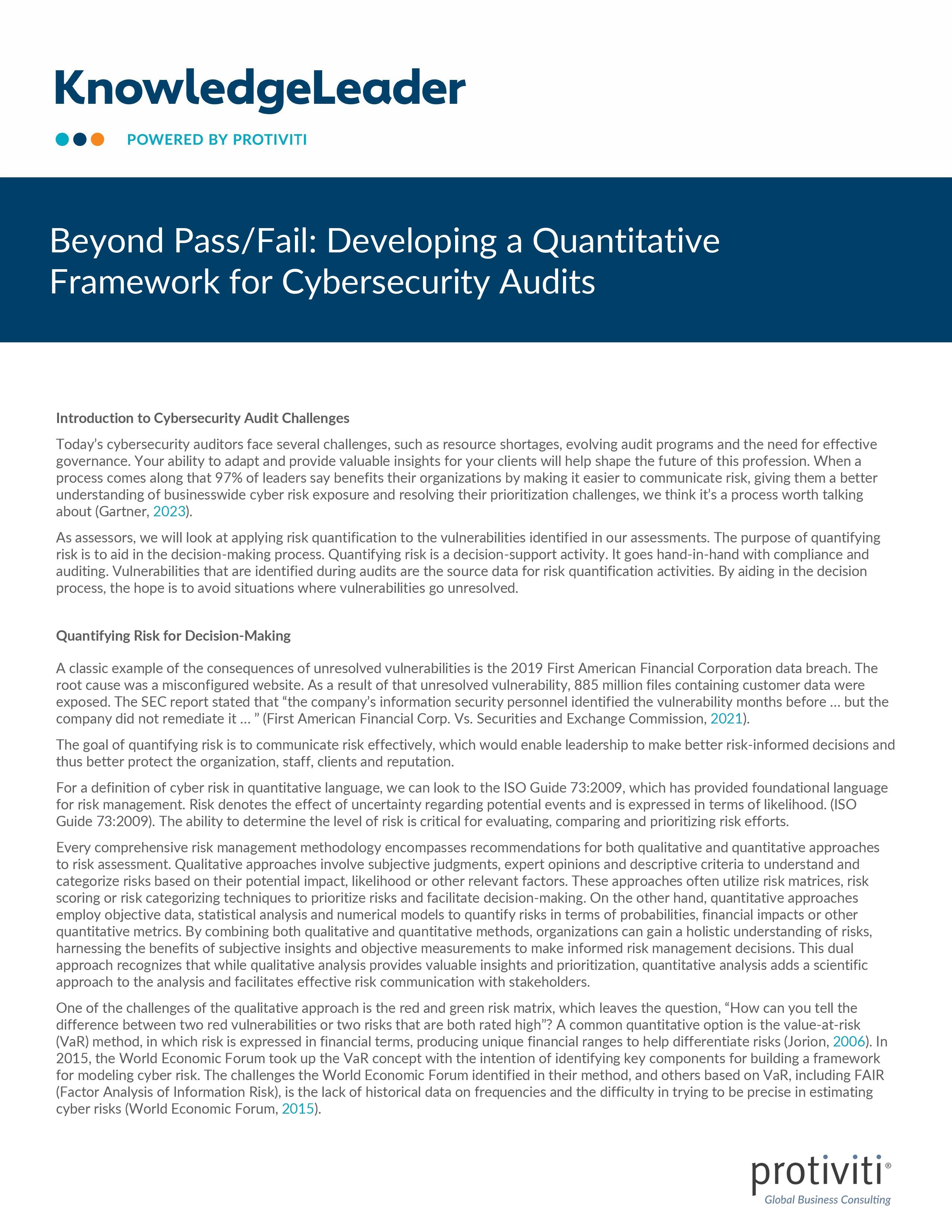 screenshot of the first page of Beyond Pass Fail Developing a Quantitative Framework for Cybersecurity Audits