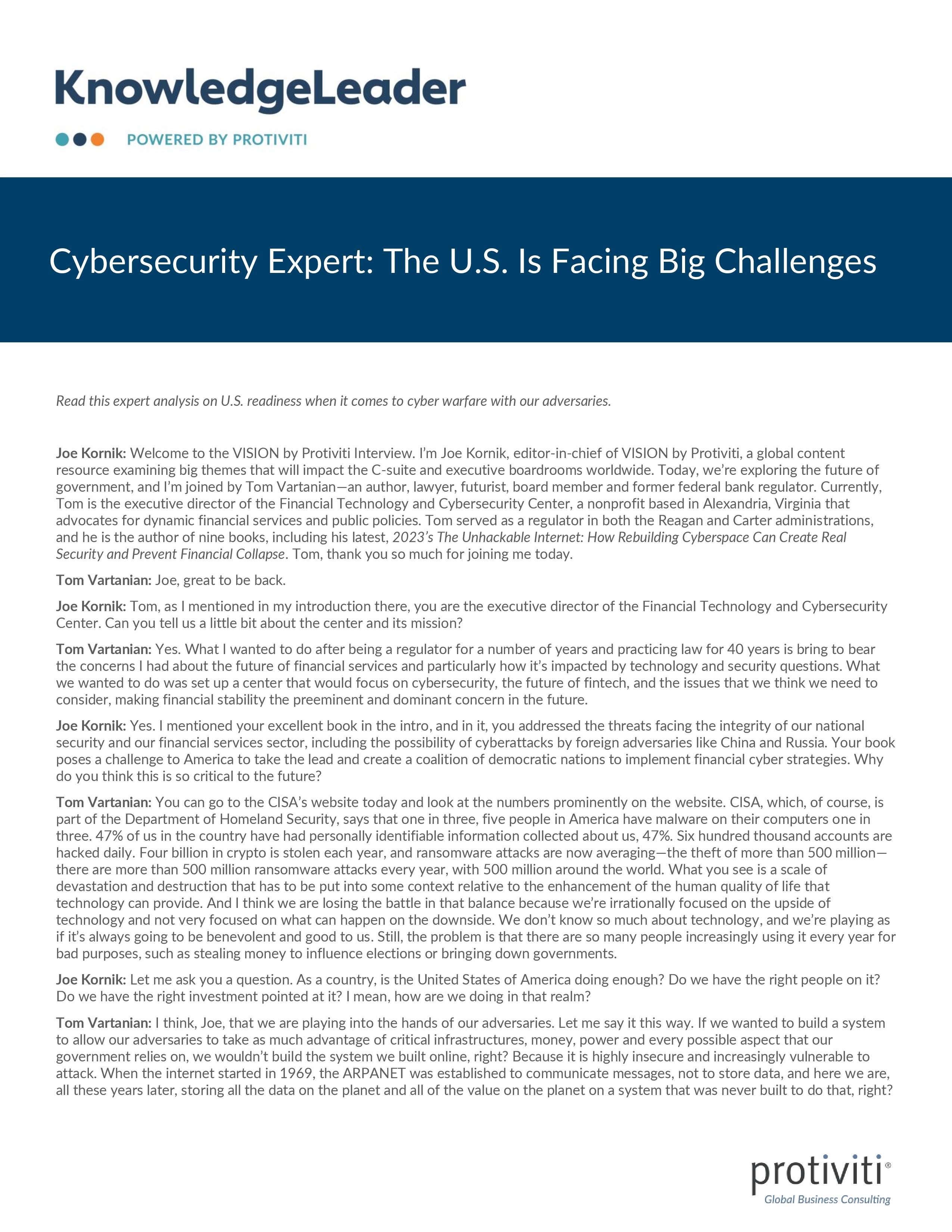 Screenshot of the first page of Cybersecurity Expert The U.S. Is Facing Big Challenges