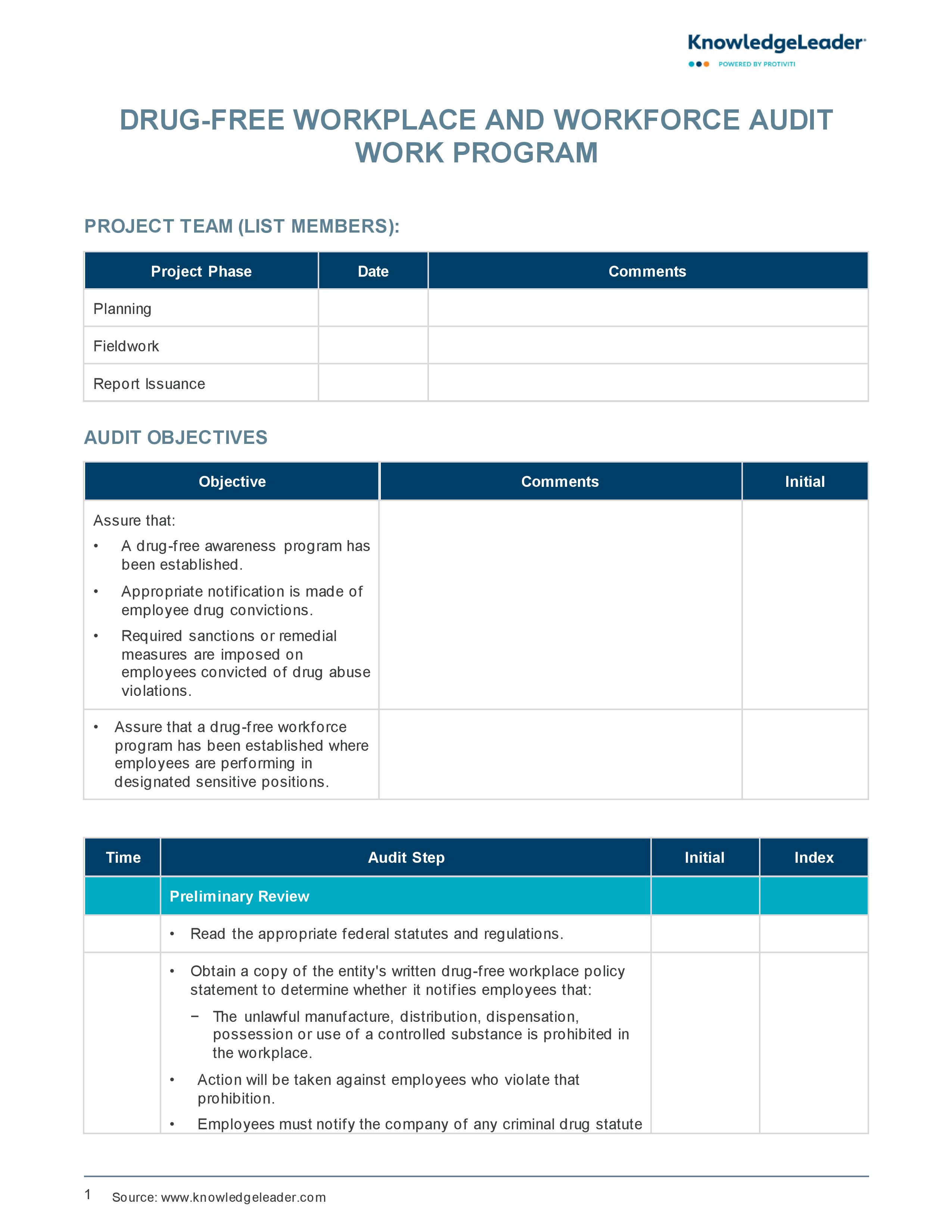 Screenshot of the first page of Drug-Free Workplace and Workforce Audit Work Program