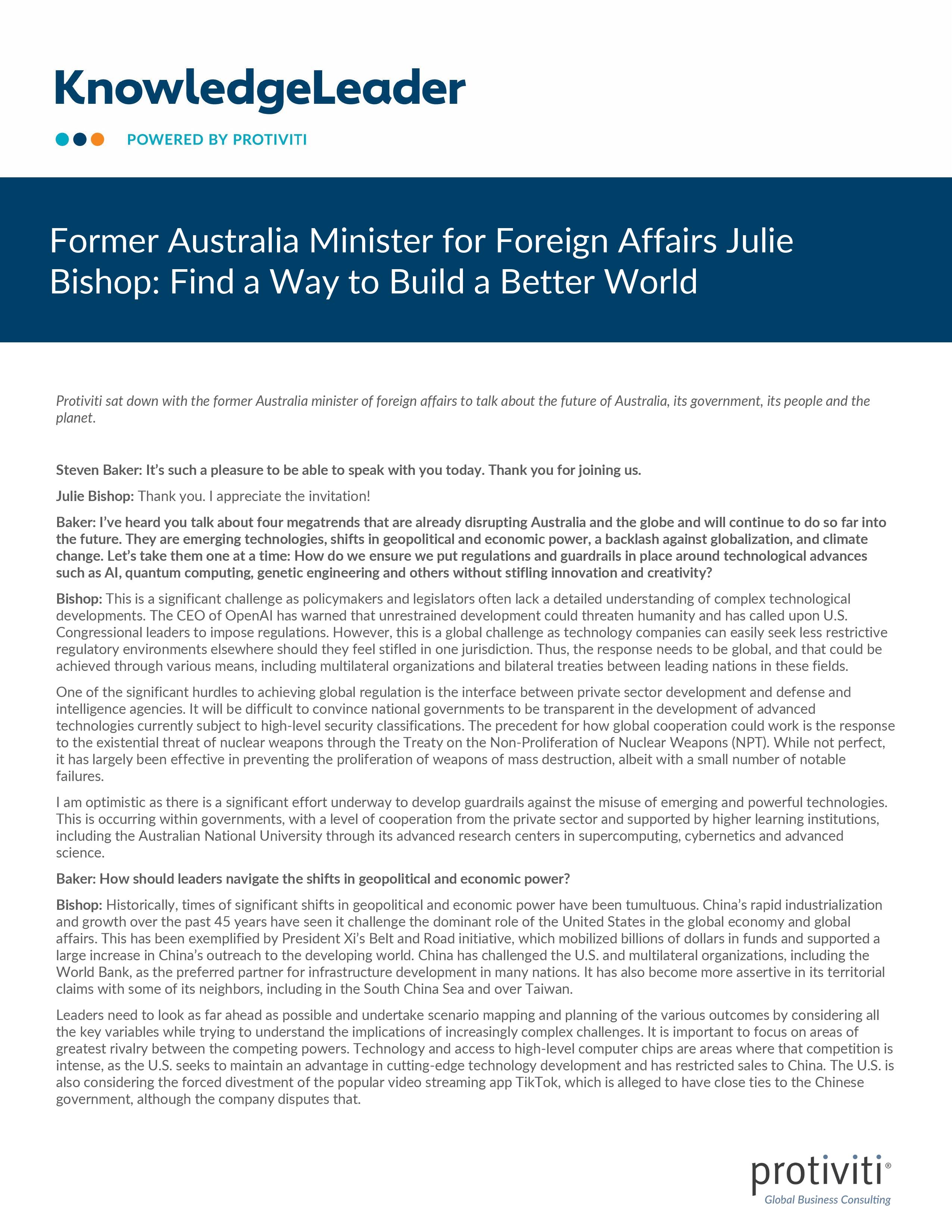 screenshot of the first page of Former Australia Minister for Foreign Affairs Julie Bishop Find a Way to Build a Better World