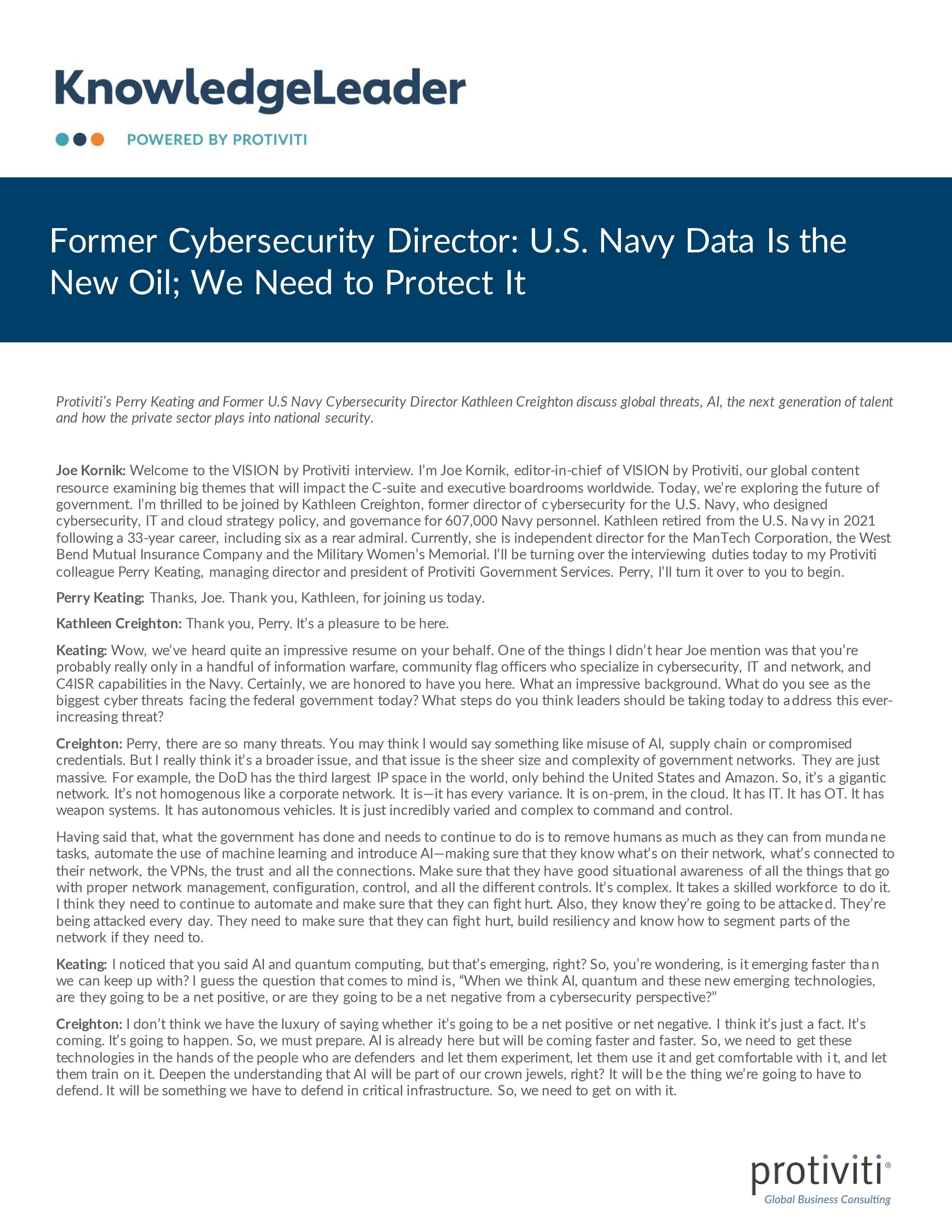 Screenshot of the first page of Former Cybersecurity Director, US Navy Data Is the New Oil, We Need to Protect It