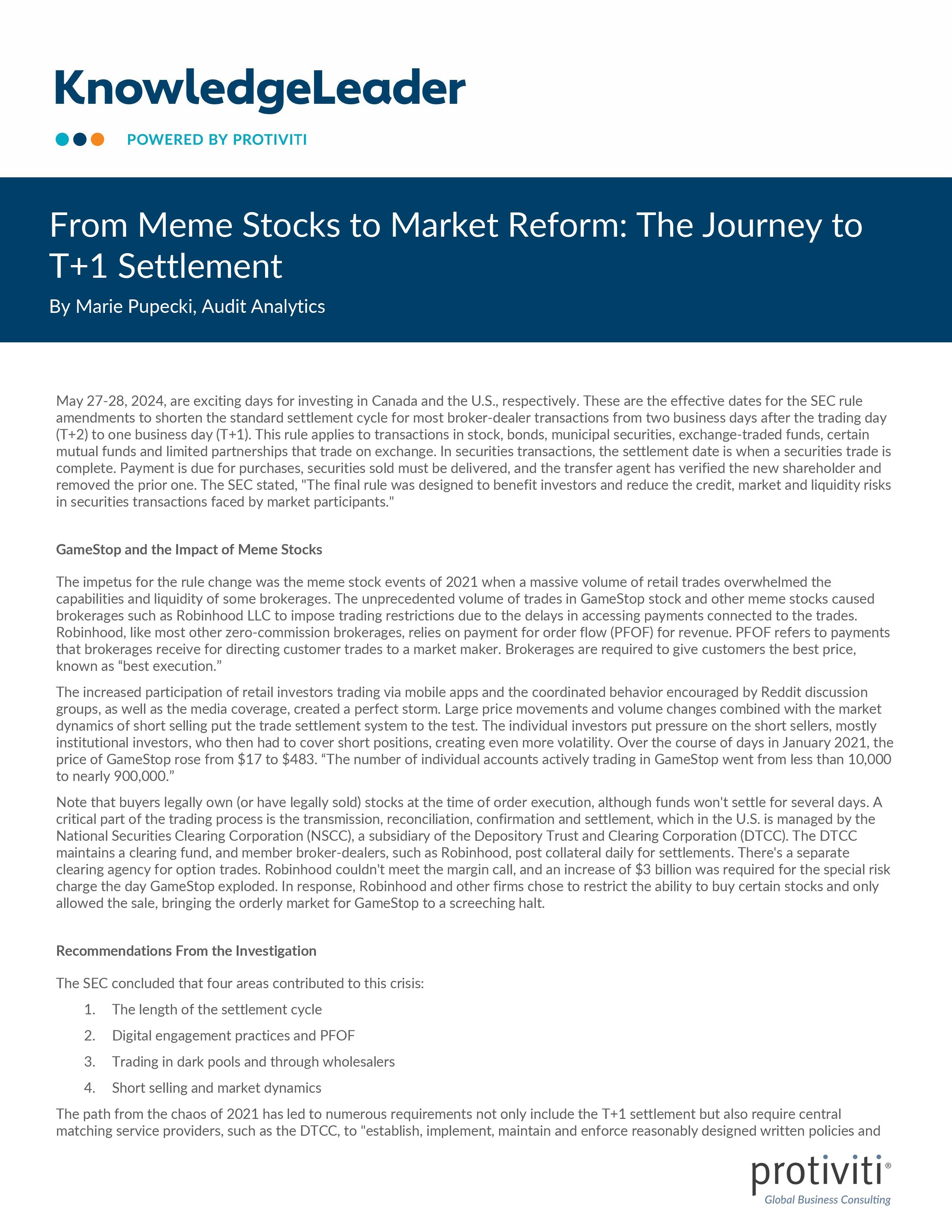 screenshot of the first page of From Meme Stocks to Market Reform The Journey to T+1 Settlement