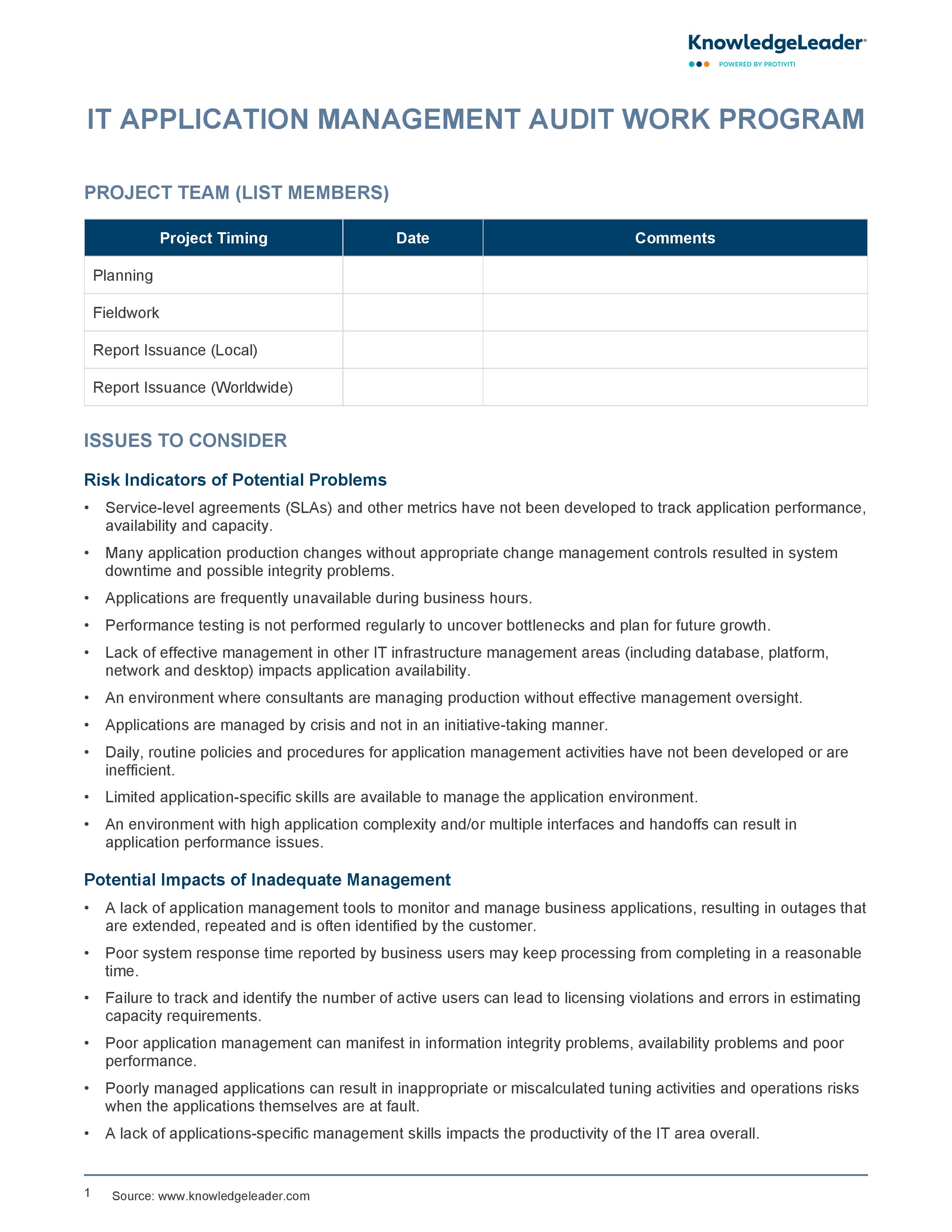 screenshot of the first page of IT Application Management Audit Work Program