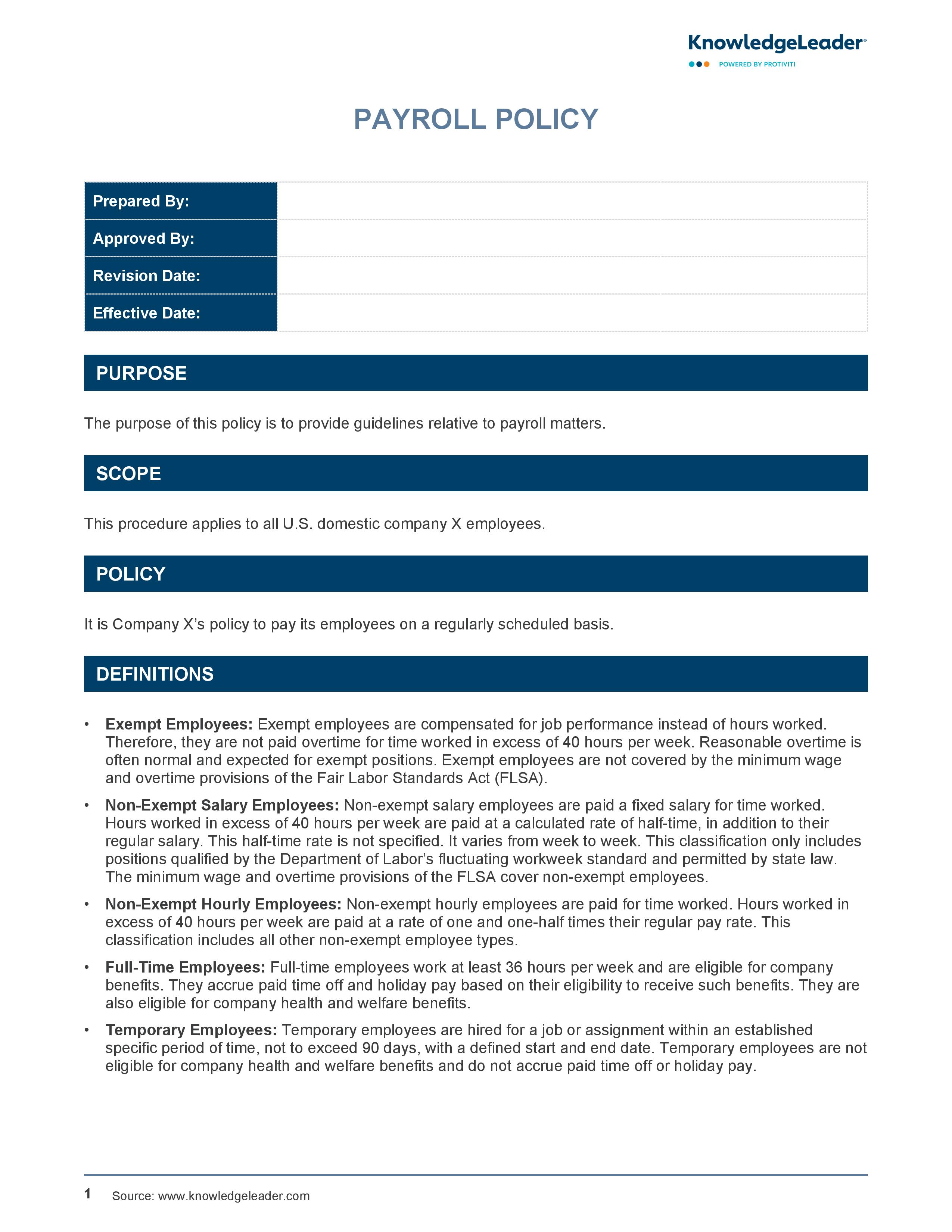 screenshot of the first page of Payroll Policy