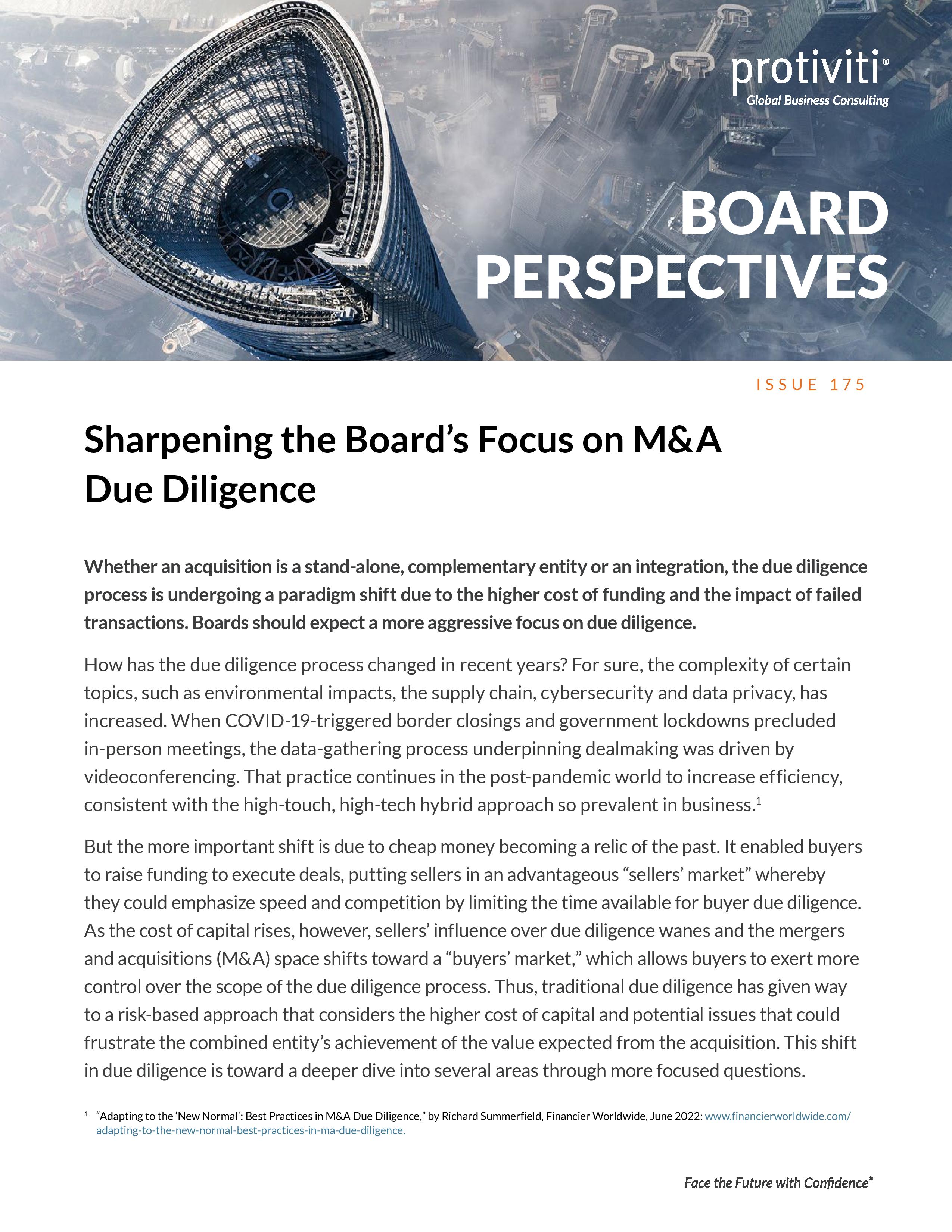 Screenshot of the first page of Sharpening the Board’s Focus on M&A Due Diligence