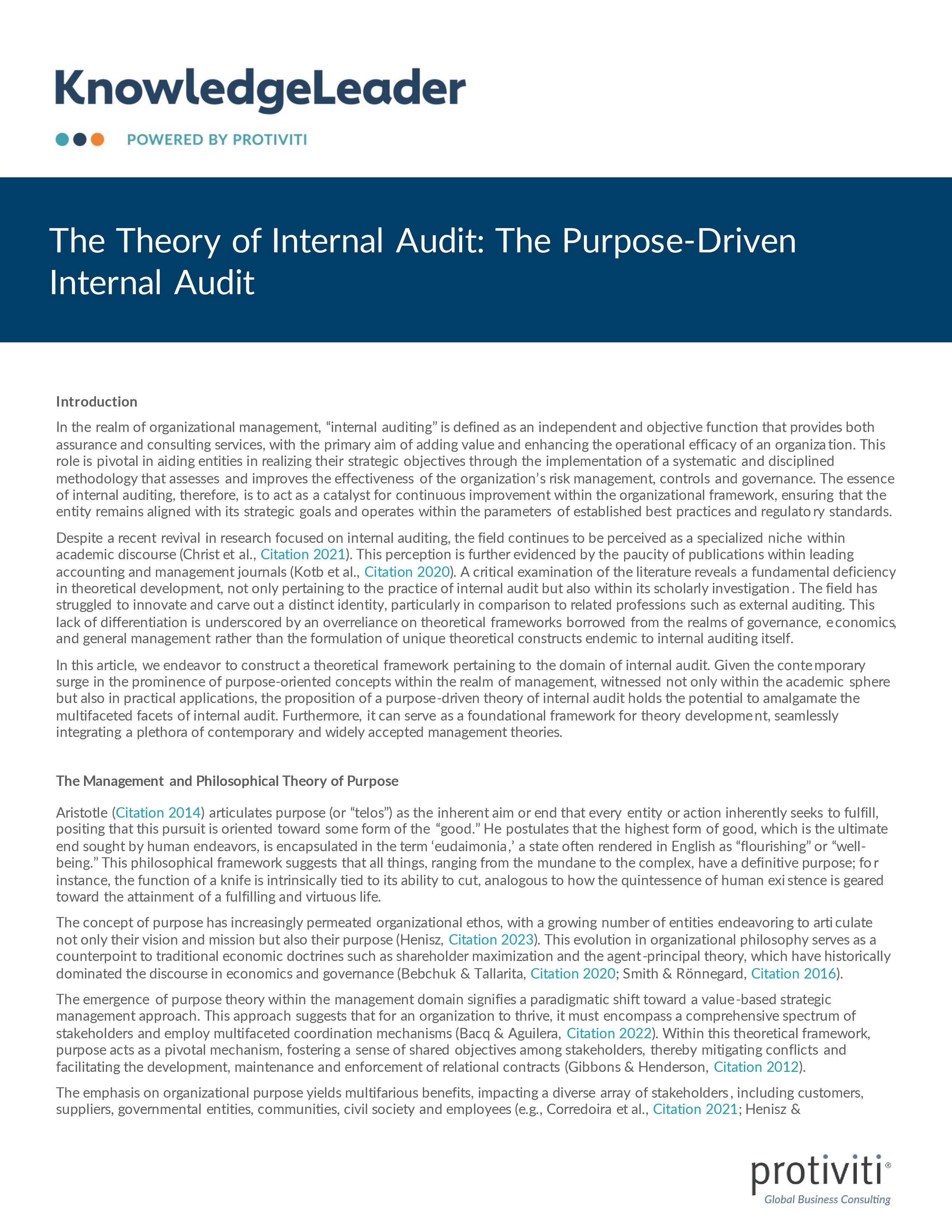 Screenshot of the first page of The Theory of Internal Audit The Purpose Driven Internal Audit