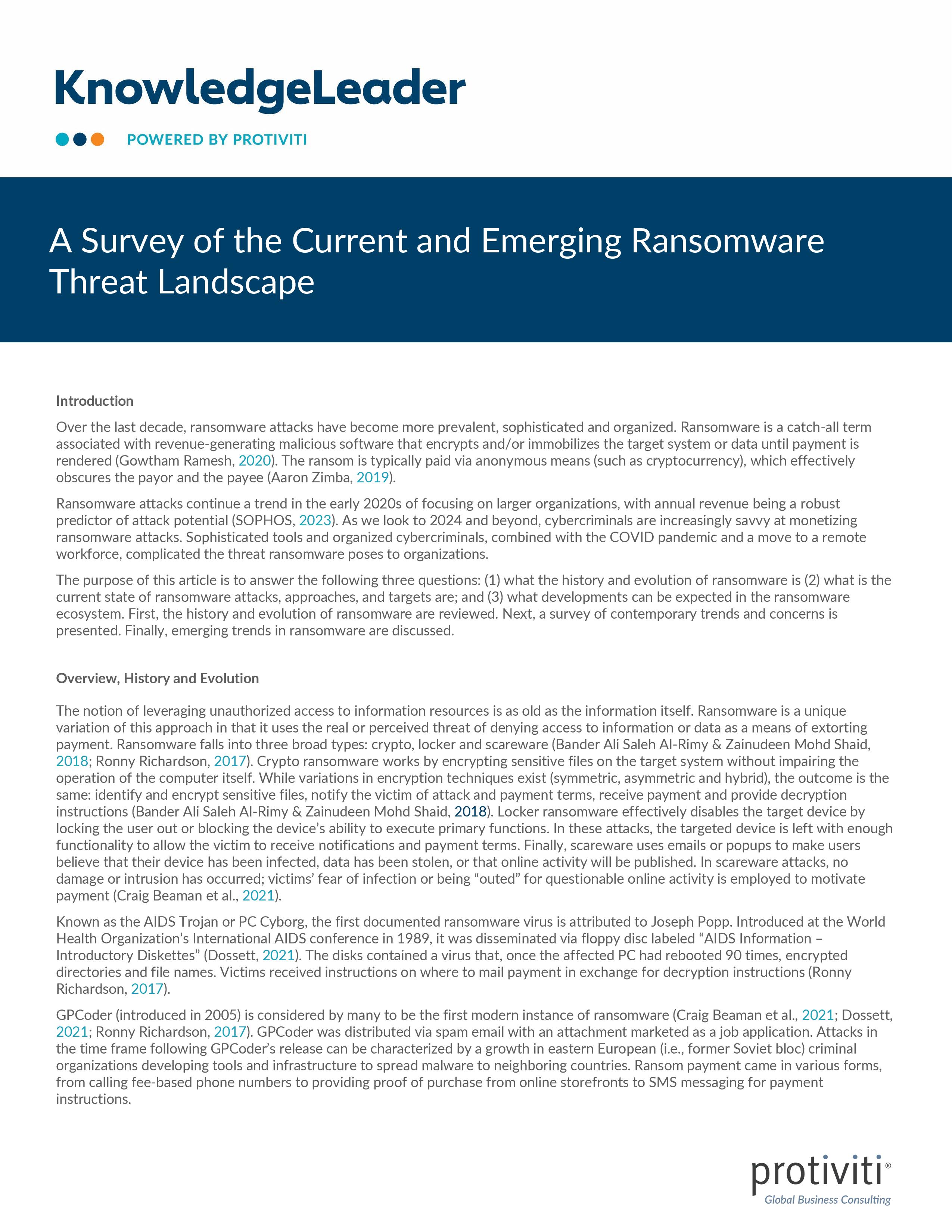 screenshot of the first page of A Survey of the Current and Emerging Ransomware Threat Landscape