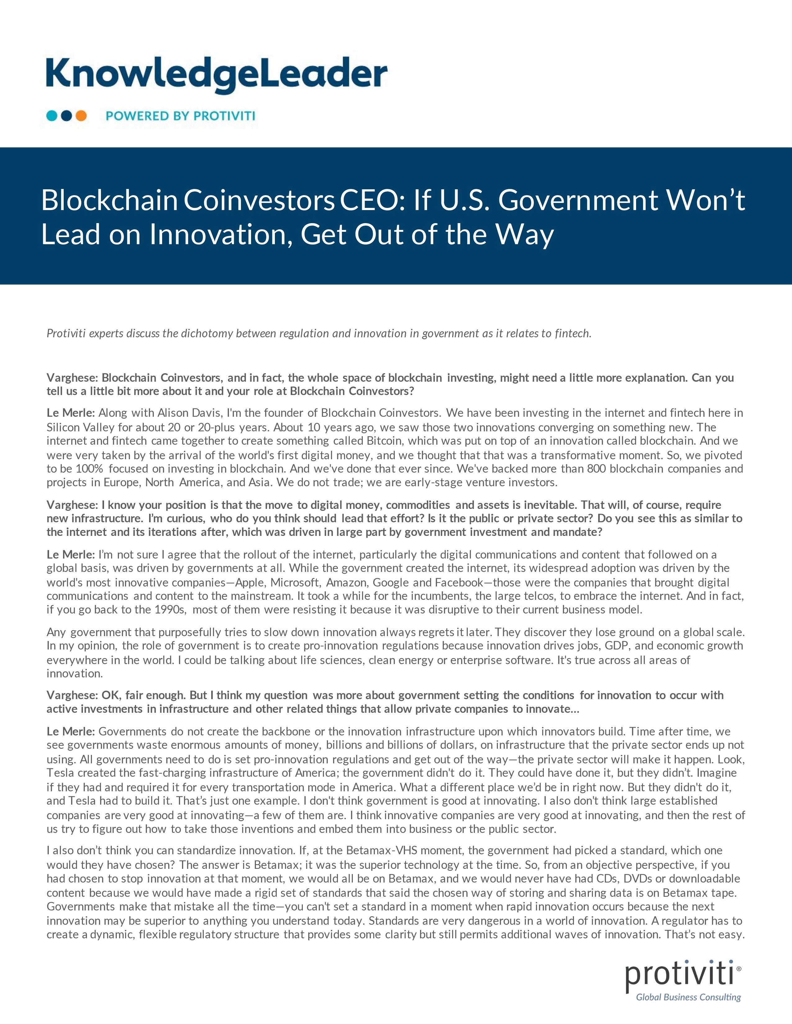 screenshot of the first page of Blockchain Coinvestors CEO If U.S. Government Won’t Lead on Innovation, Get Out of the Way