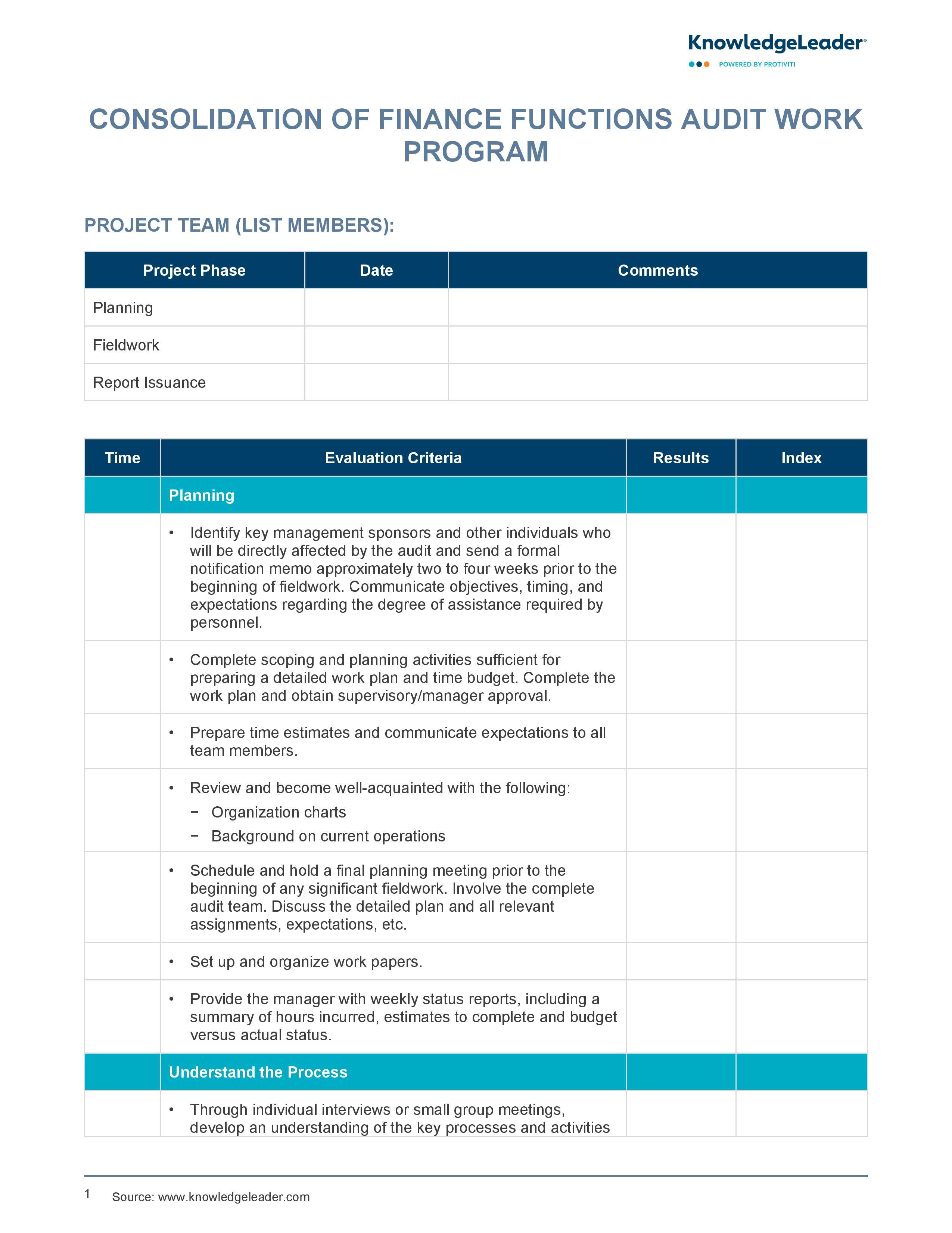 screenshot of the first page of Consolidation of Finance Functions Audit Work Program