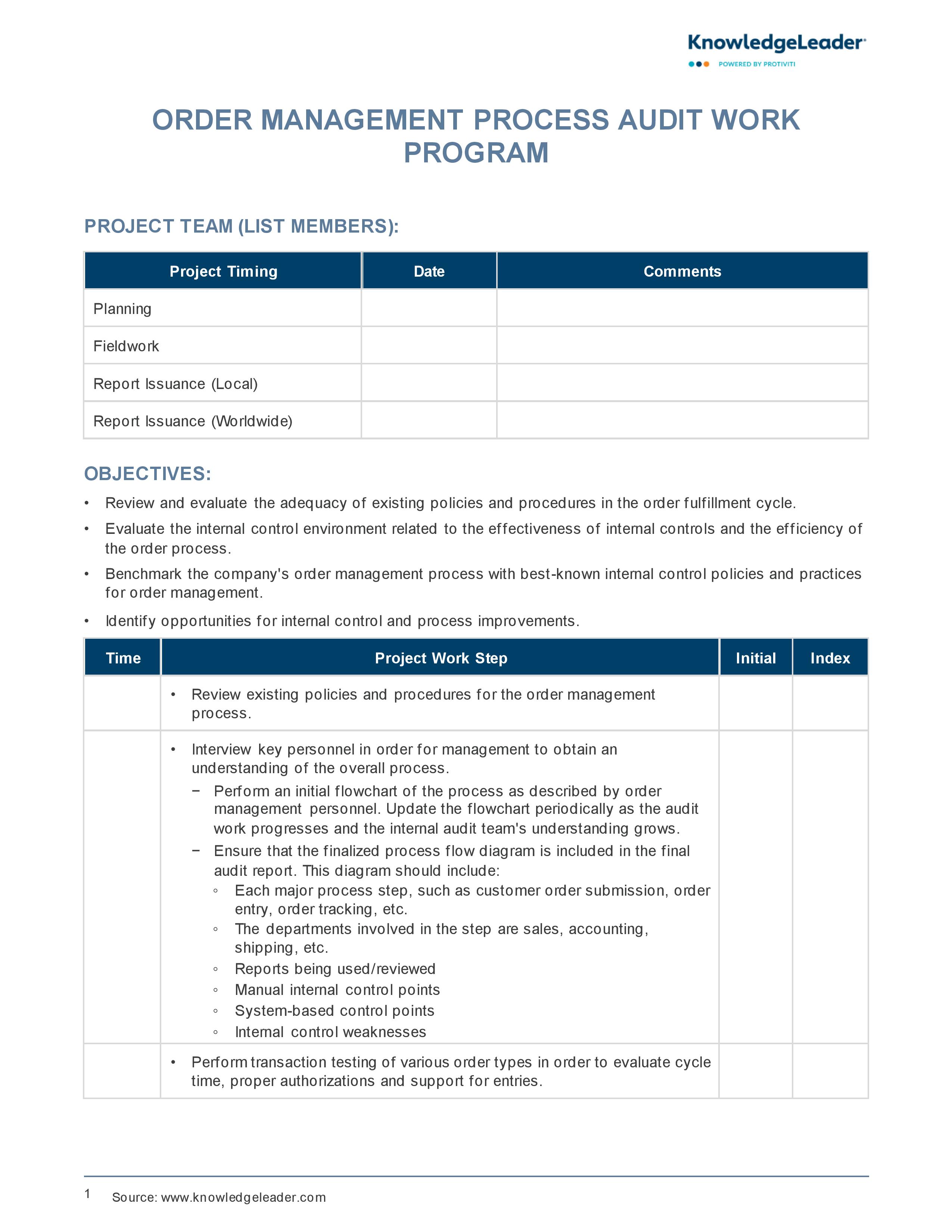 Screenshot of the first page of Order Management Process Work Program