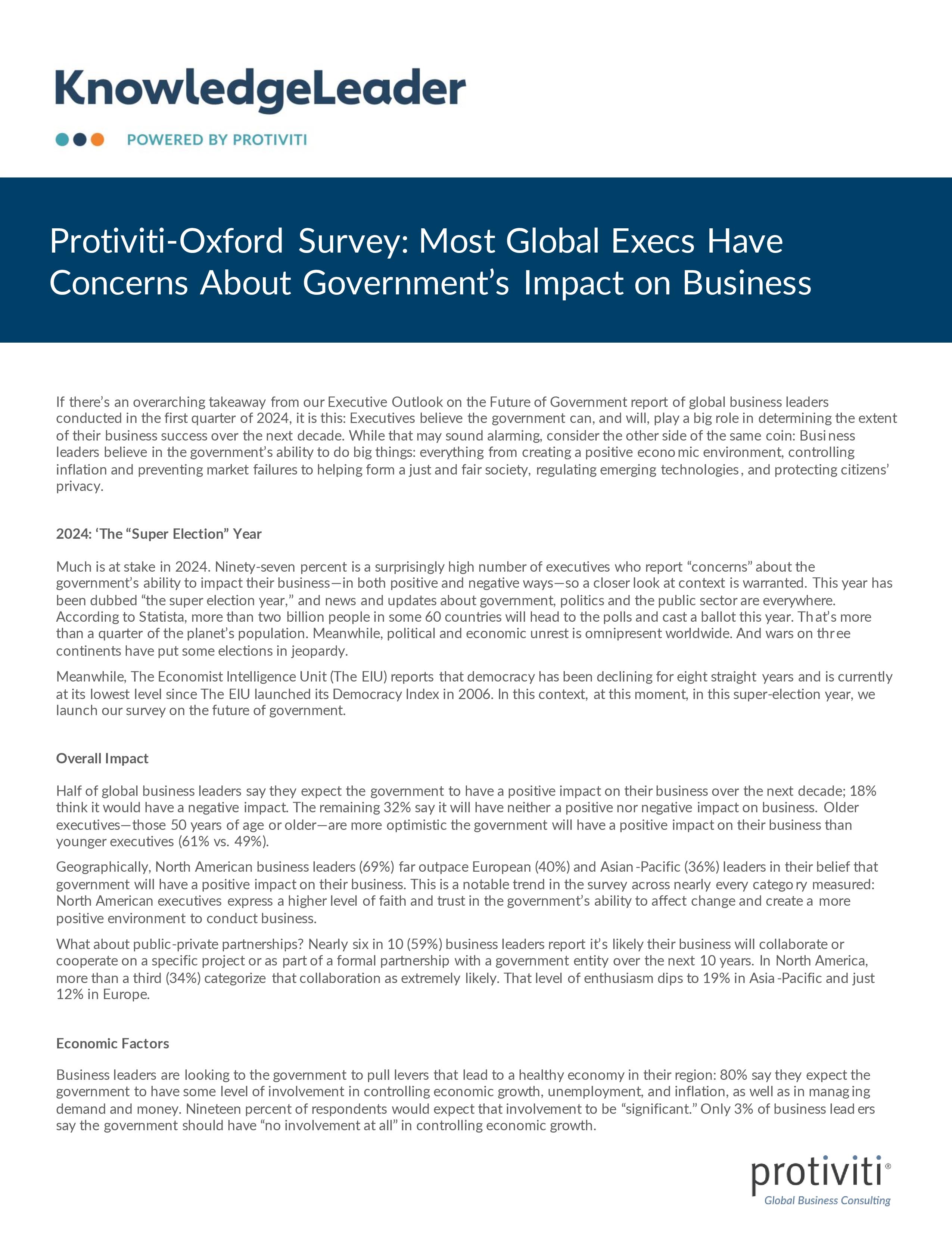 Screenshot of the first page of Protiviti-Oxford Survey Most Global Execs Have Concerns About Government’s Impact on Business