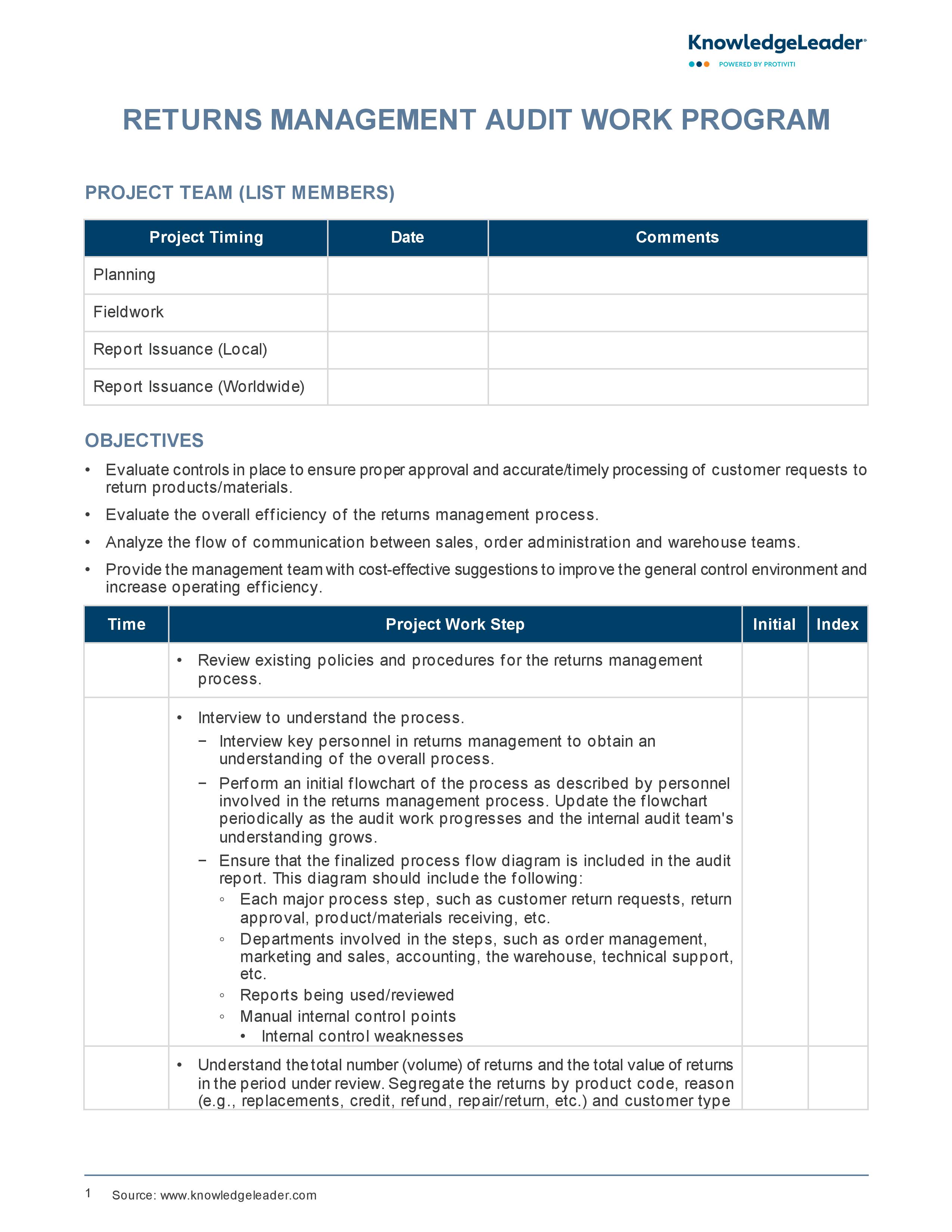 screenshot of the first page of Returns Management Audit Work Program