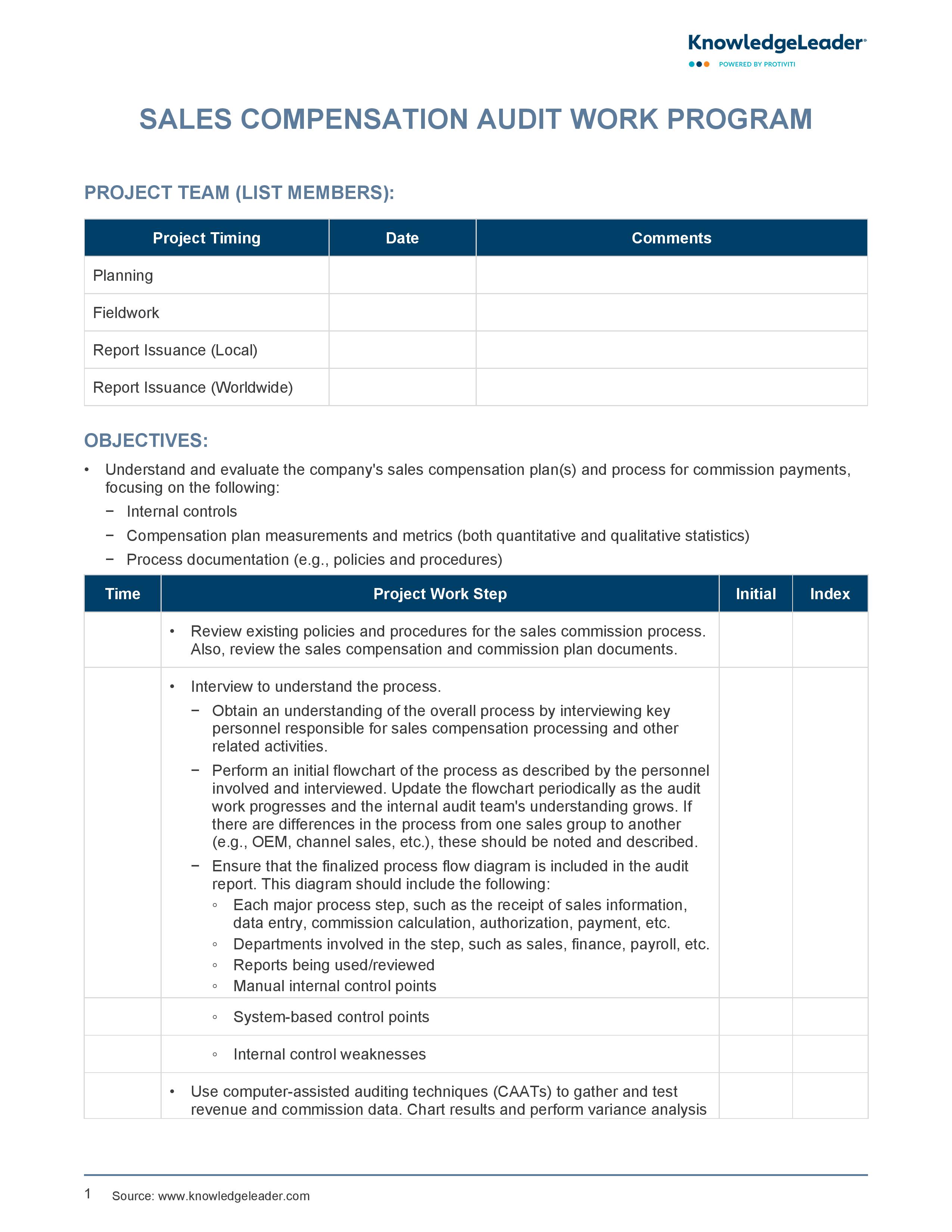 screenshot of the first page of Sales Compensation Audit Work Program