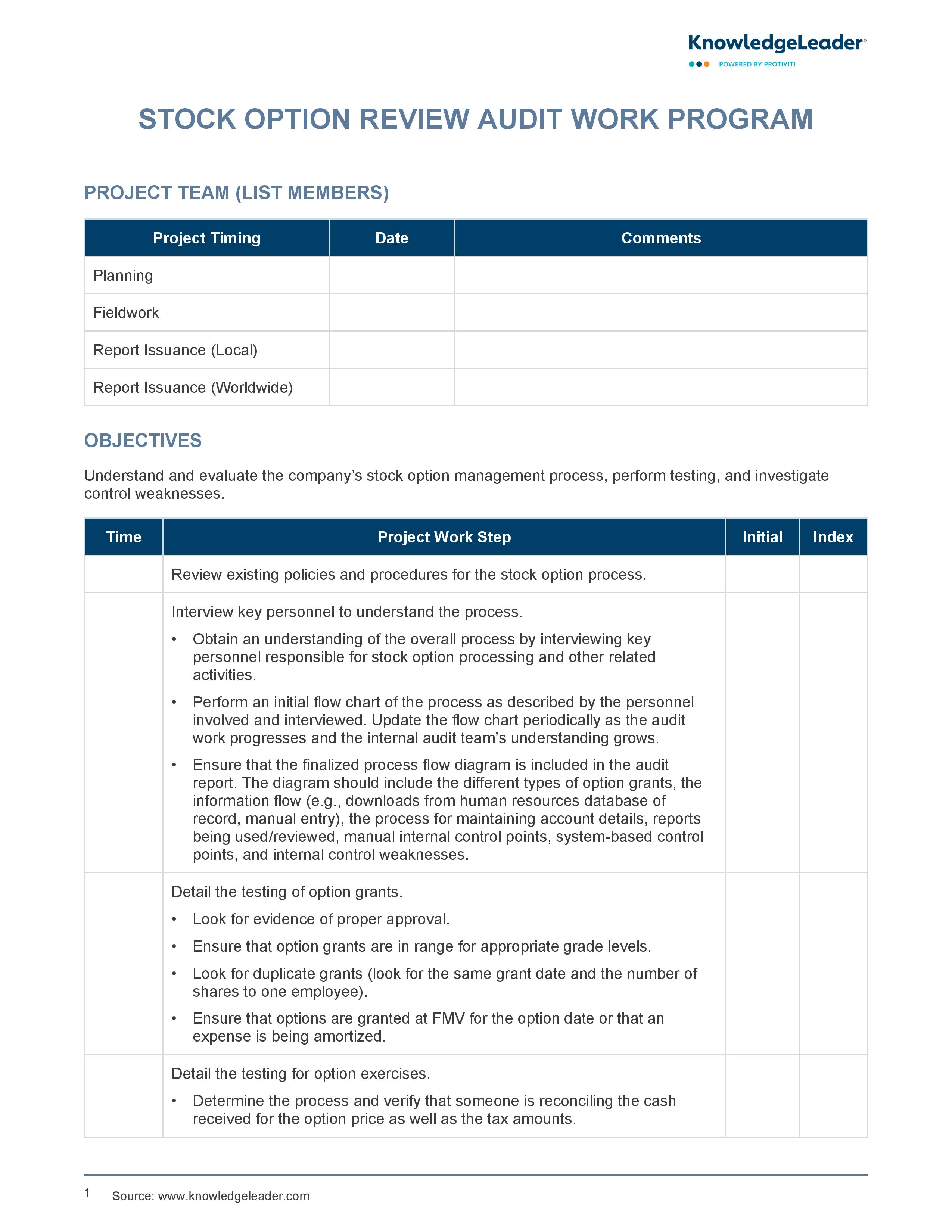 screenshot of the first page of Stock Option Review Audit Work Program