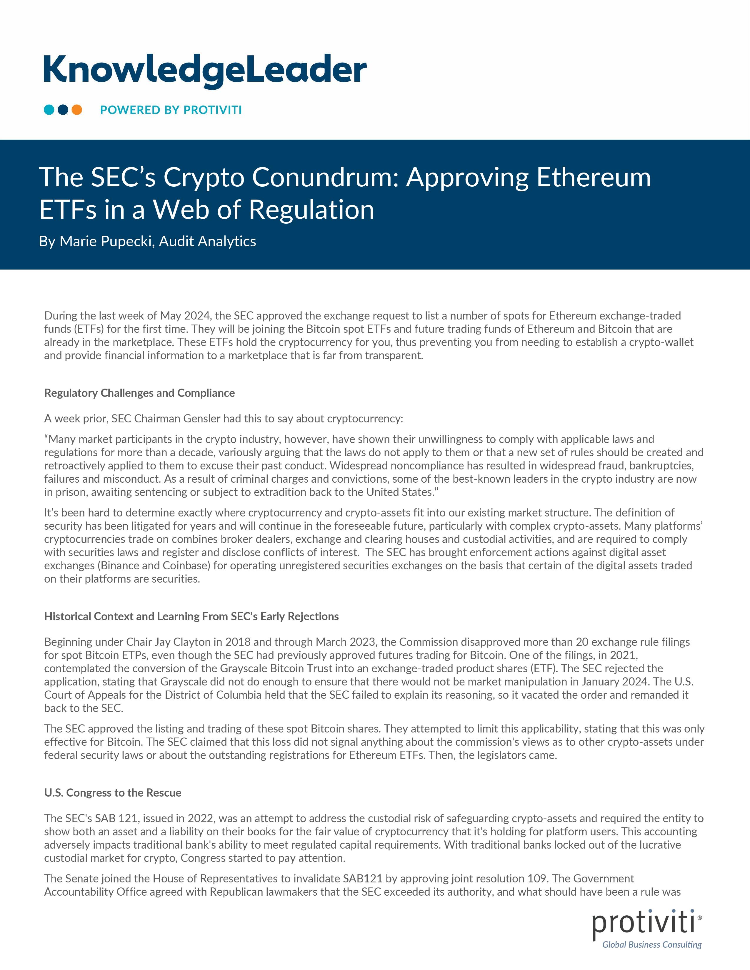 screenshot of the first page of The SEC’s Crypto Conundrum Approving Ethereum ETFs in a Web of Regulation