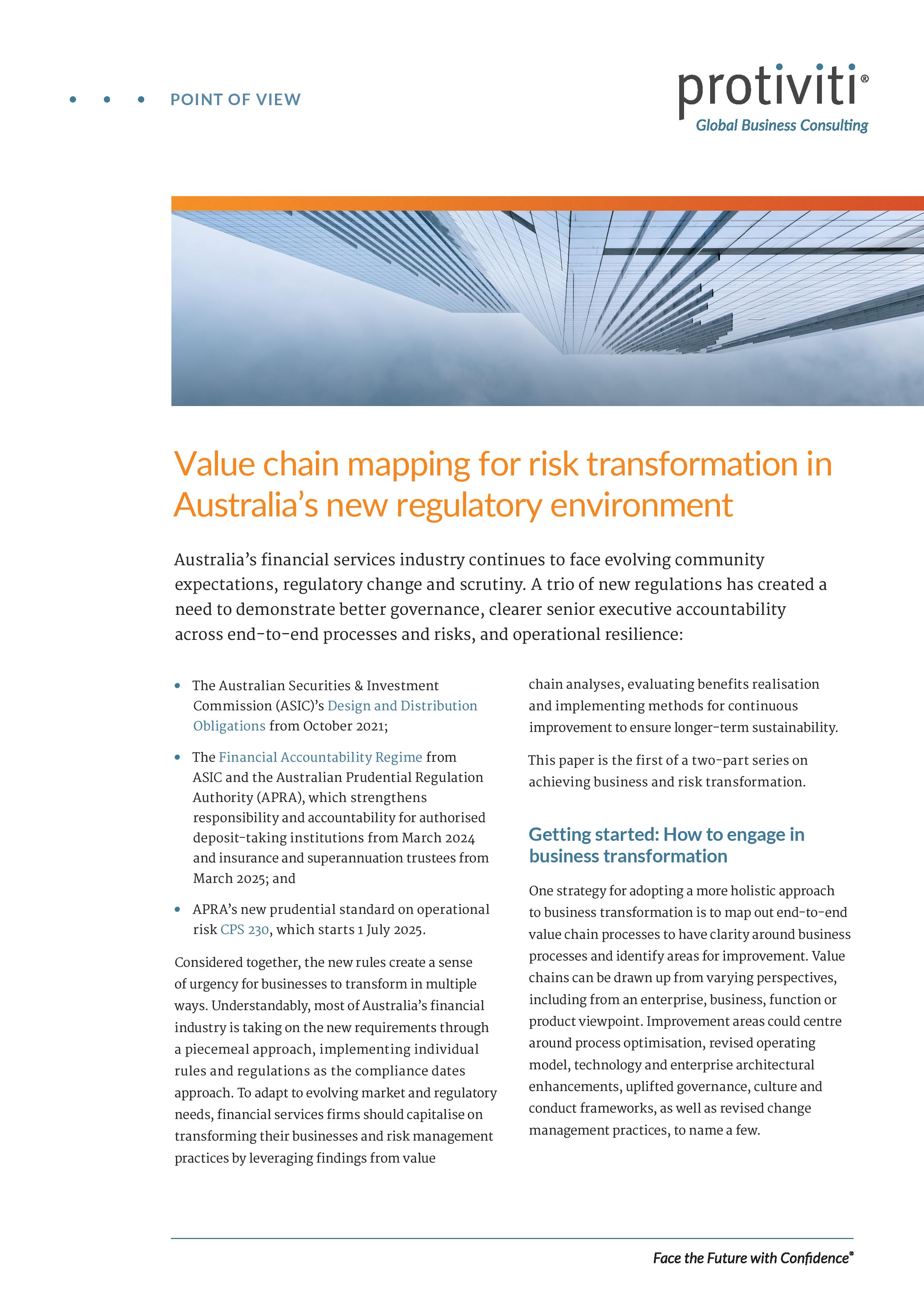 screenshot of the first page of Value Chain Mapping for Risk Transformation in Australia’s New Regulatory Environment