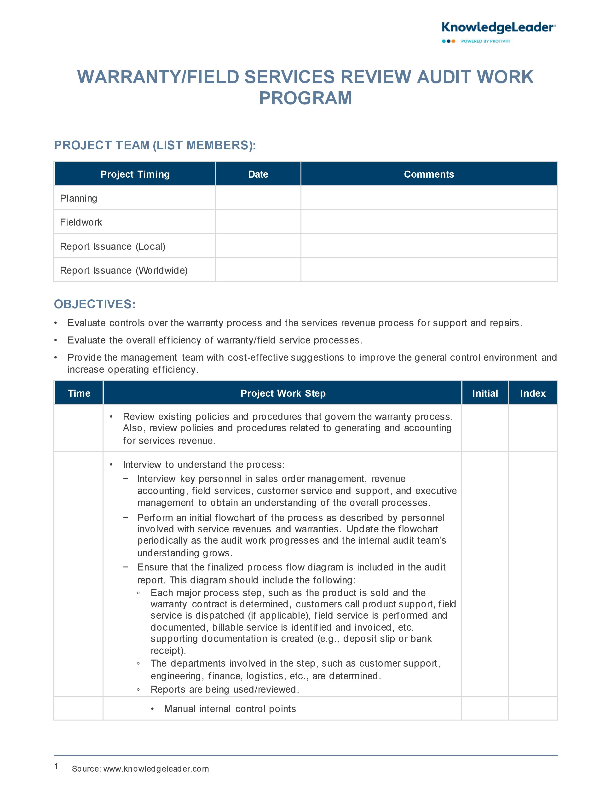 Screenshot of the first page of Warranty Field Services Review Audit Work Program