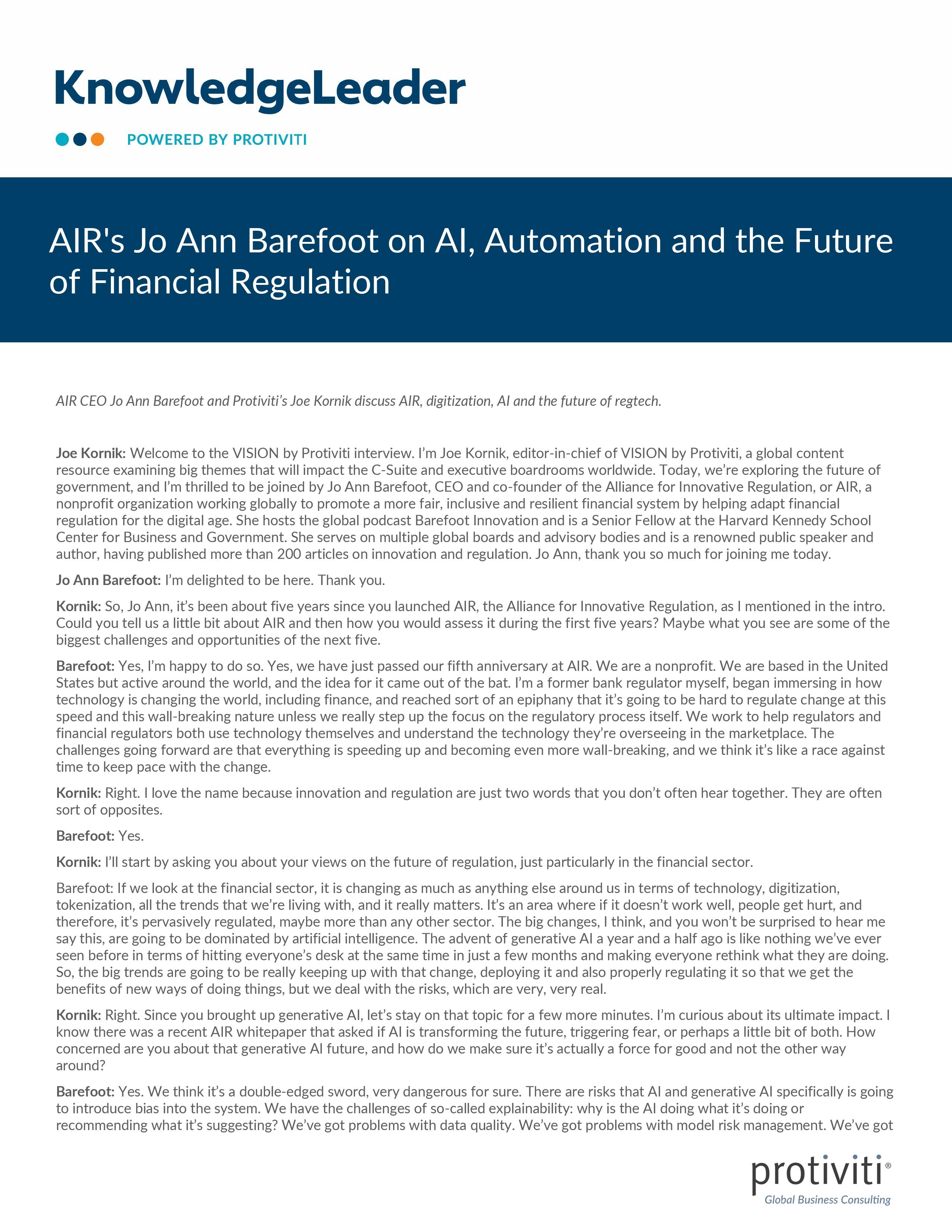 screenshot of the first page of AIRs Jo Ann Barefoot on AI, Automation and the Future of Financial Regulation