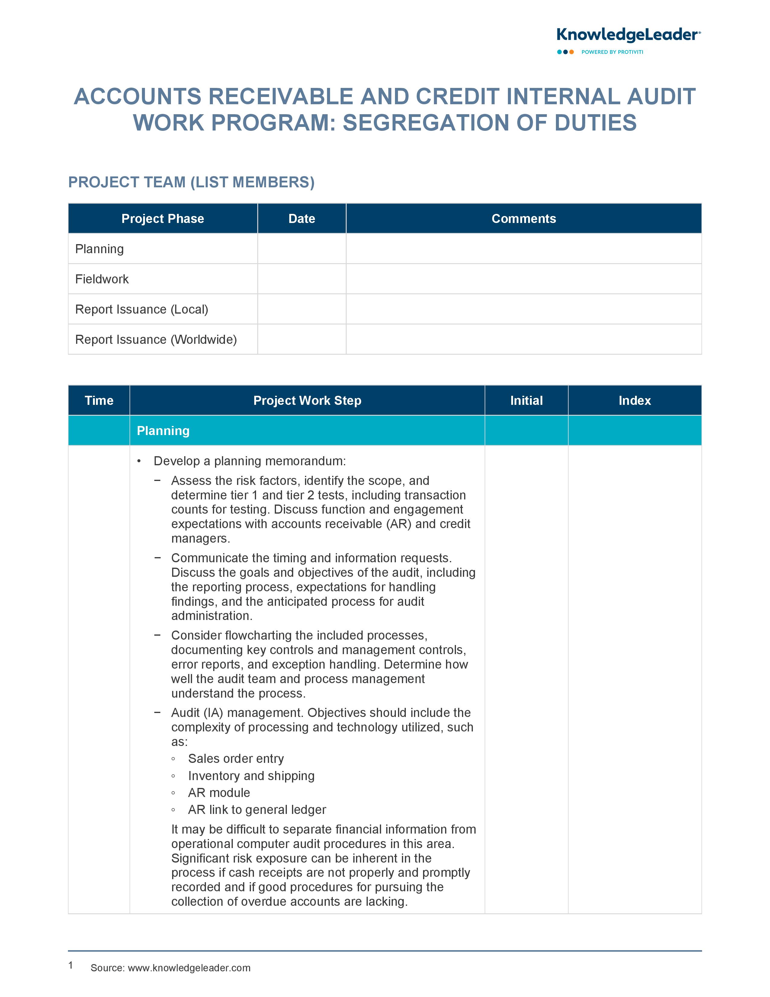 screenshot of the first page of Accounts Receivable and Credit Internal Audit Work Program Segregation of Duties