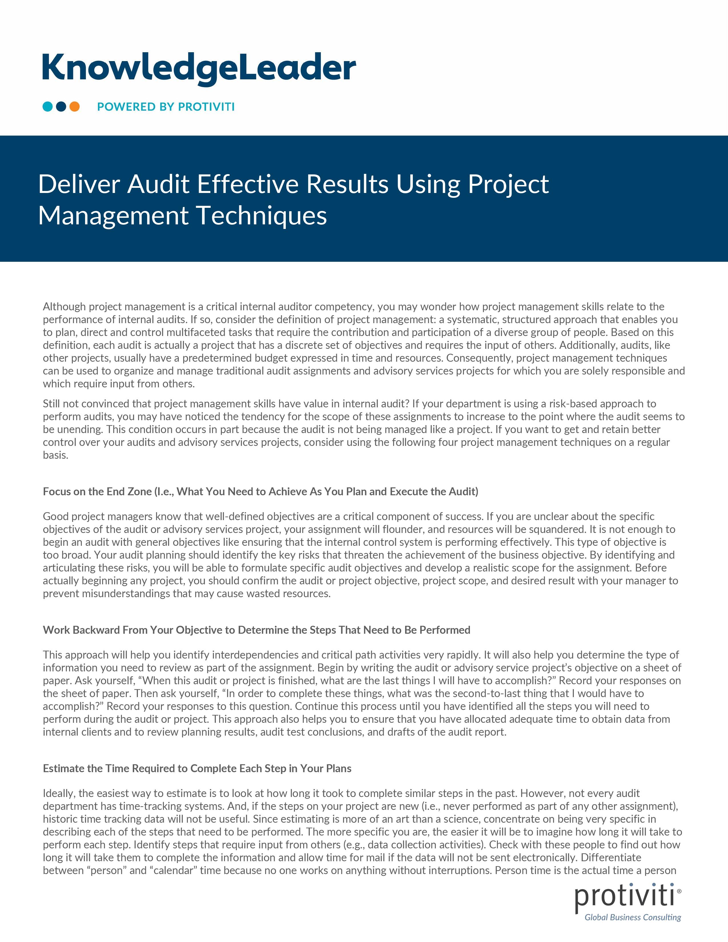 screenshot of the first page of Deliver Audit Effective Results Using Project Management Techniques