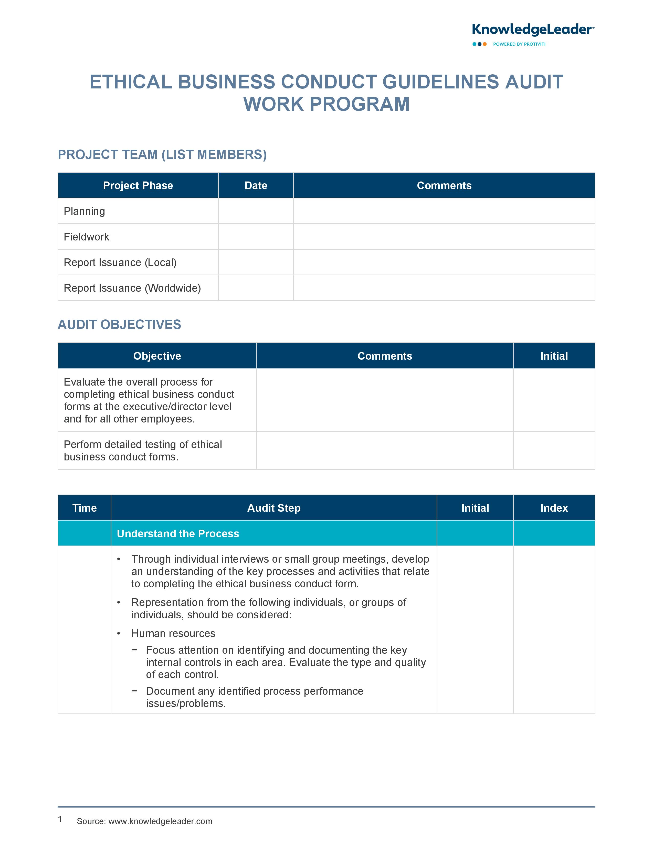 screenshot of the first page of Ethical Business Conduct Guidelines Audit Work Program