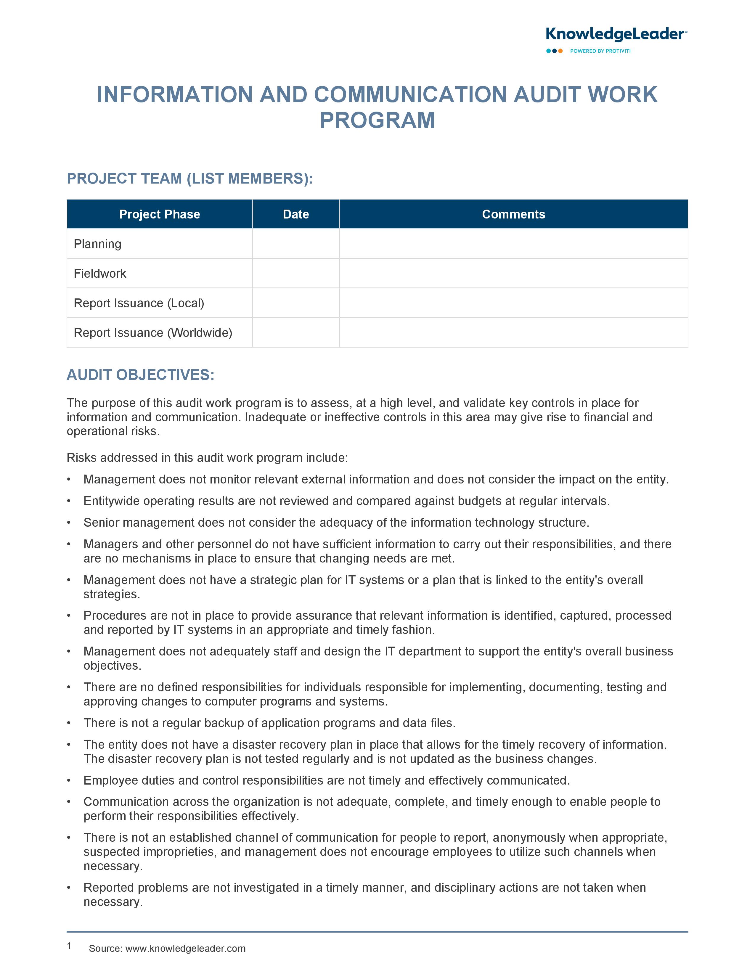 screenshot of the first page of Information and Communication Audit Work Program