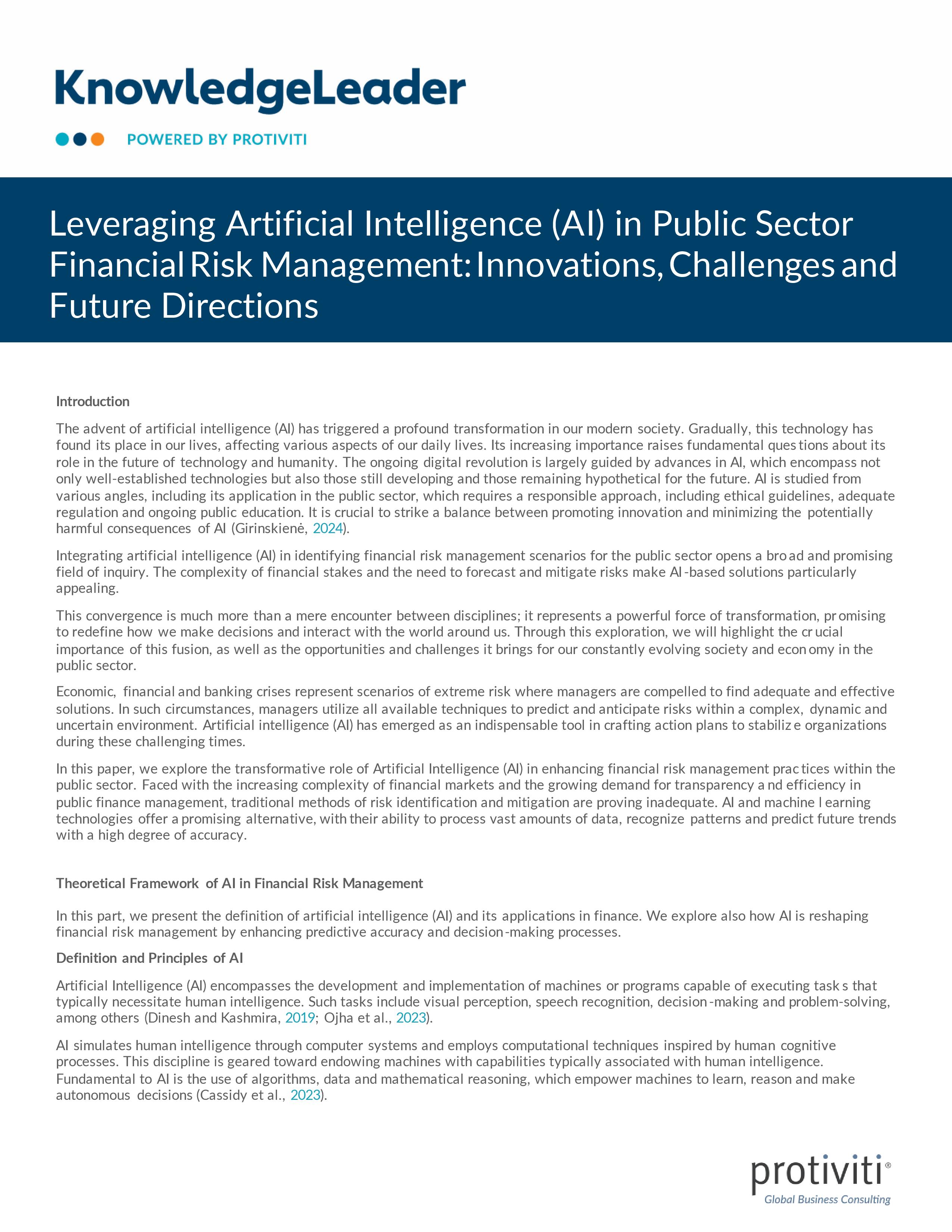 Screenshot of the first page of Leveraging Artificial Intelligence (AI) in Public Sector Financial Risk Management Innovations, Challenges and Future Directions