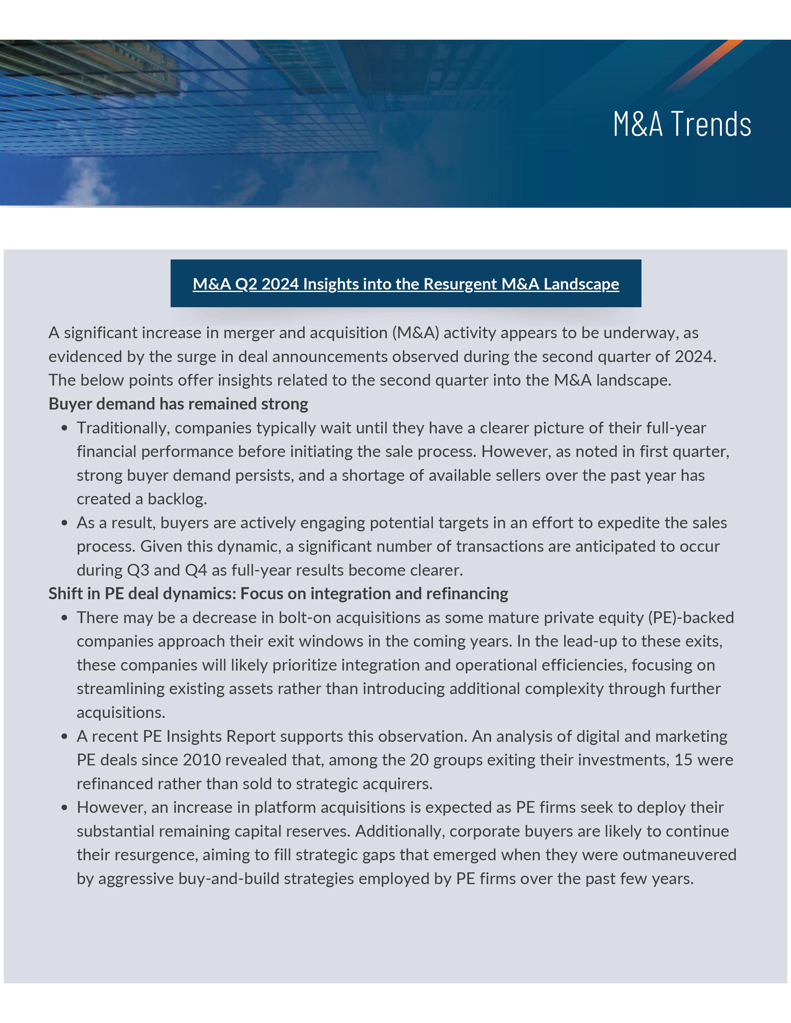 screenshot of the first page of M&A Trends - Insights Into the Resurgent M&A Landscape