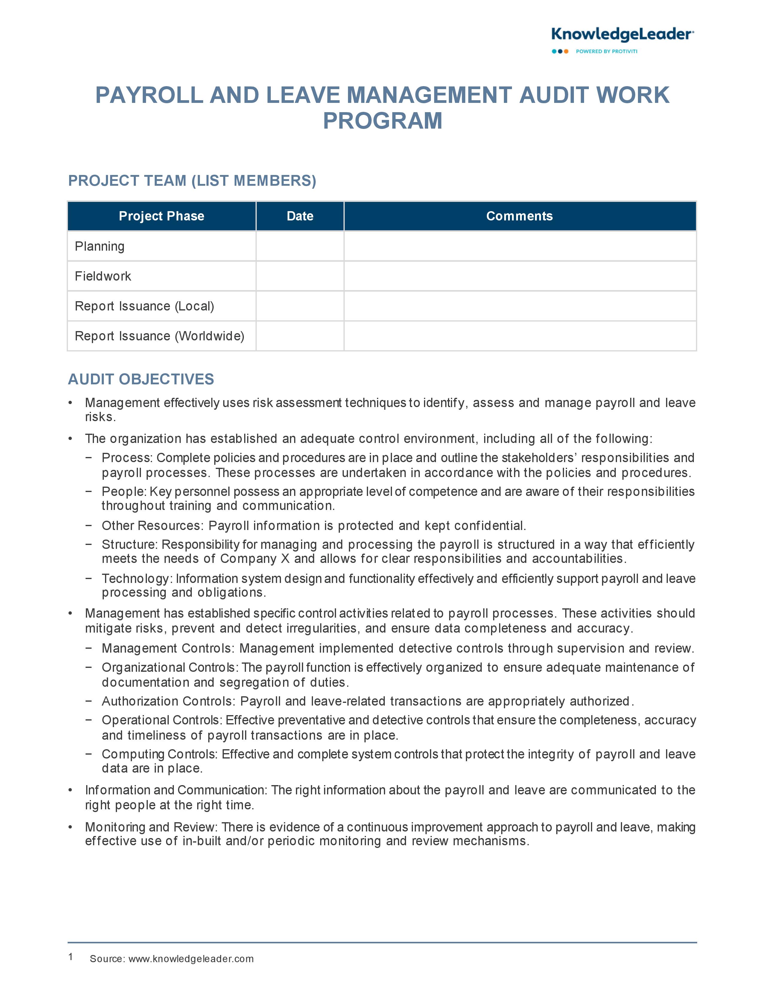 Screenshot of the first page of Payroll and Leave Management Audit Work Program