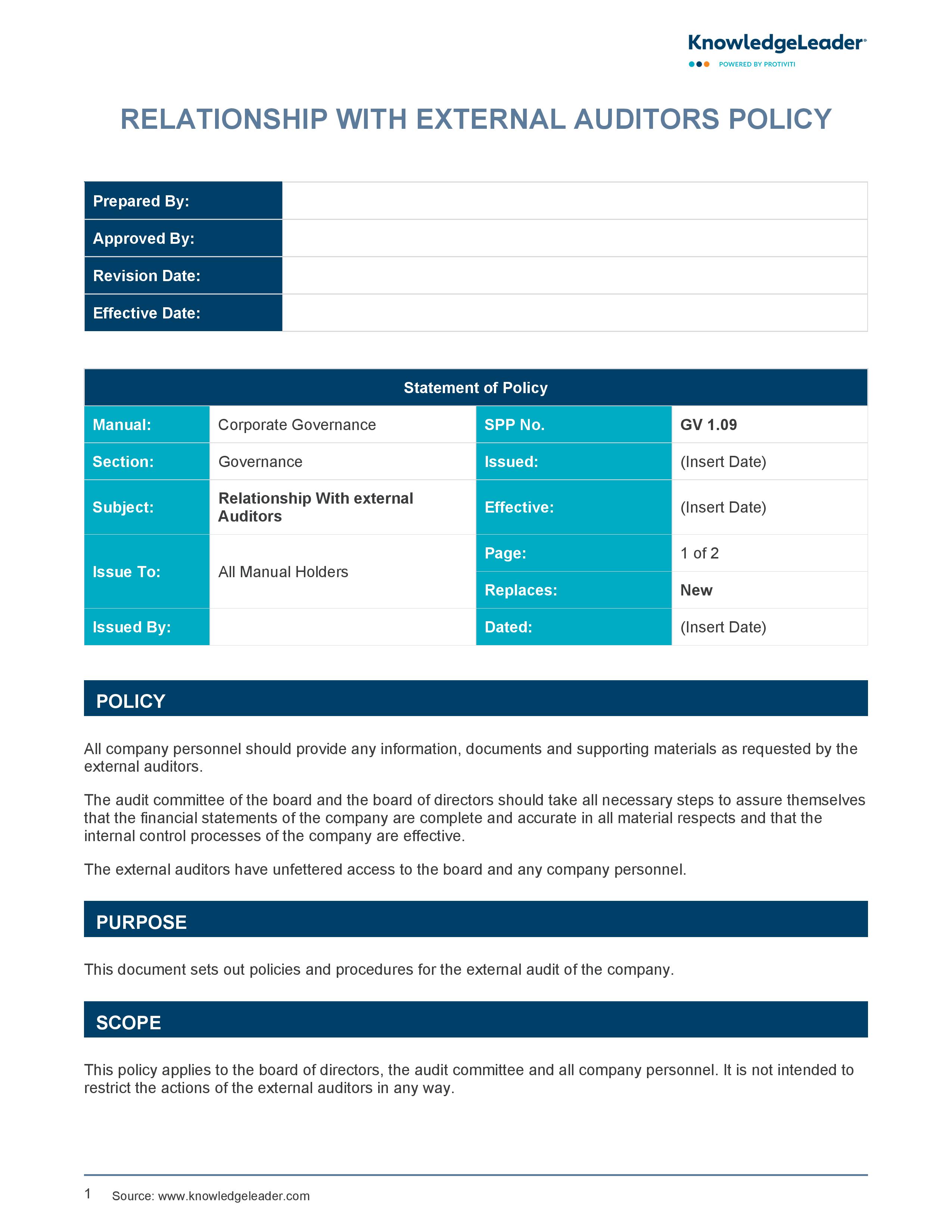 screenshot of the first page of Relationship with External Auditors Policy