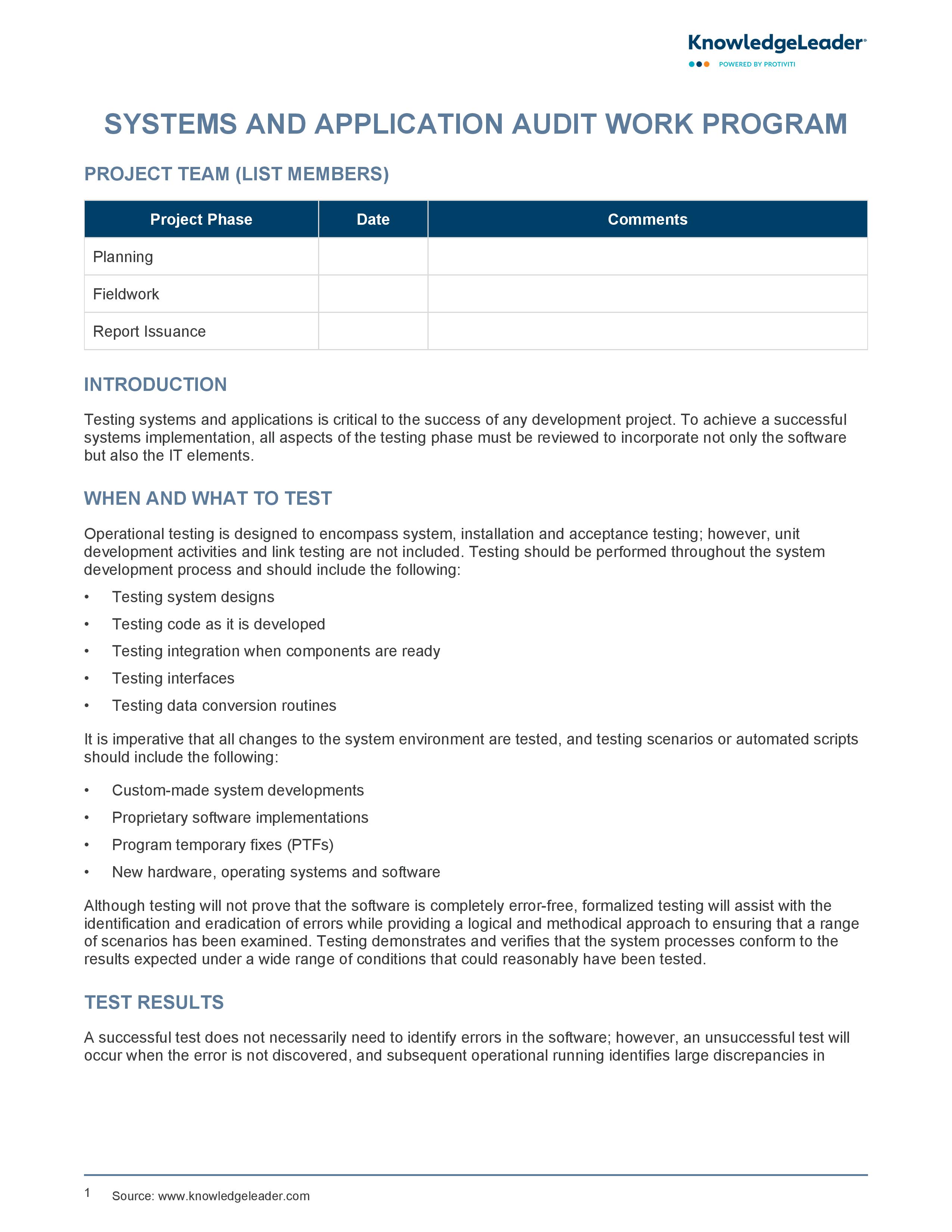 screenshot of the first page of Systems and Applications Audit Work Program