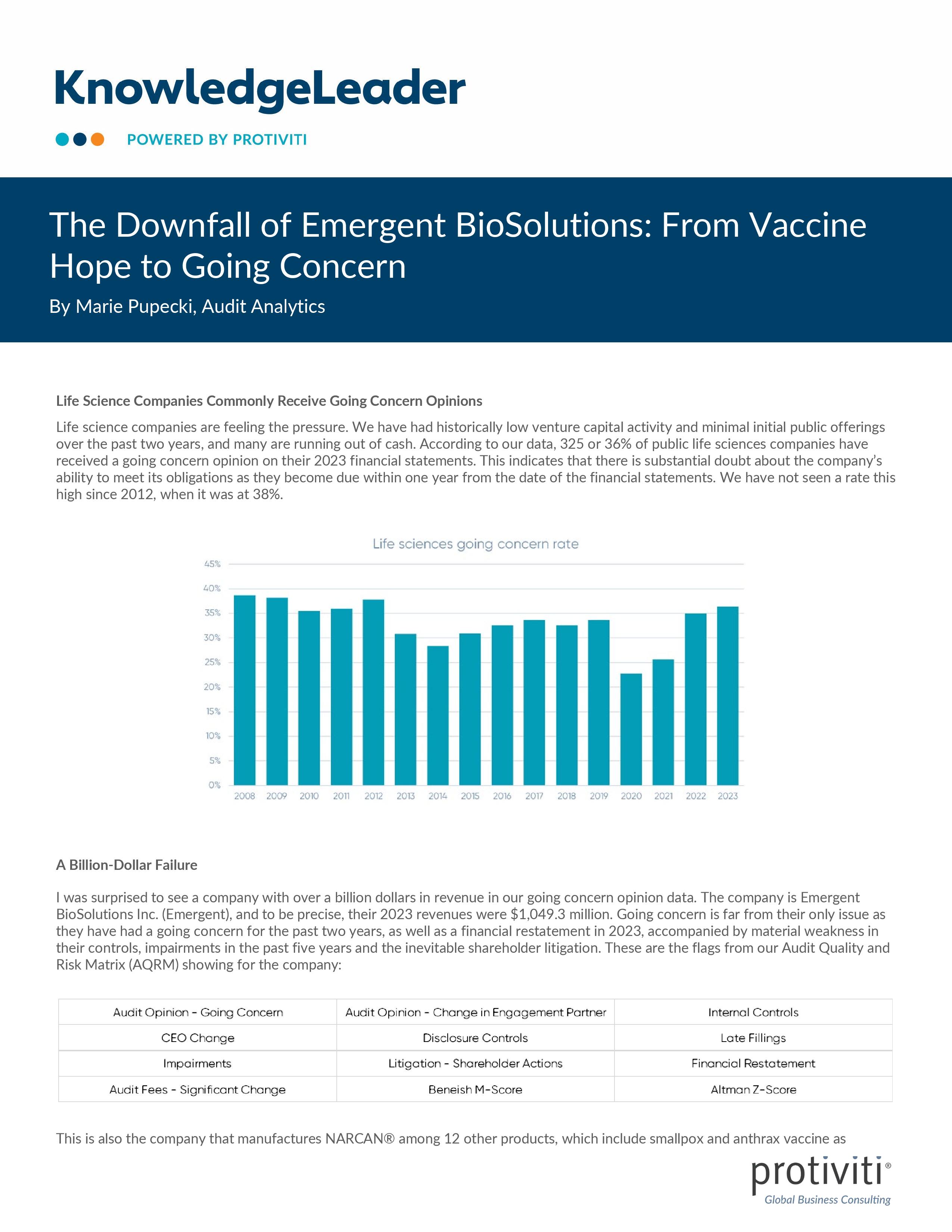 screenshot of the first page of The Downfall of Emergent BioSolutions From Vaccine Hope to Going Concern