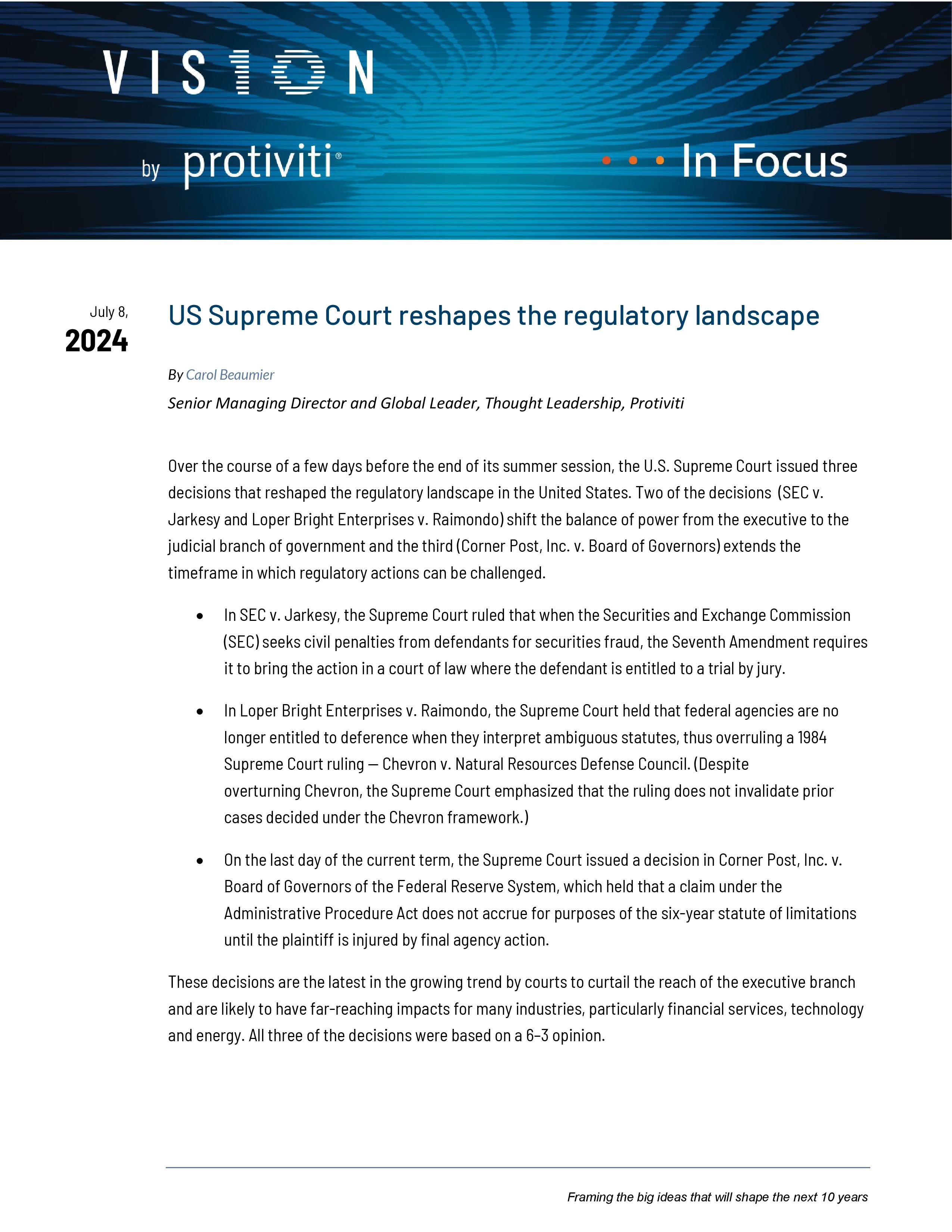 screenshot of the first page of U.S. Supreme Court Reshapes the Regulatory Landscape