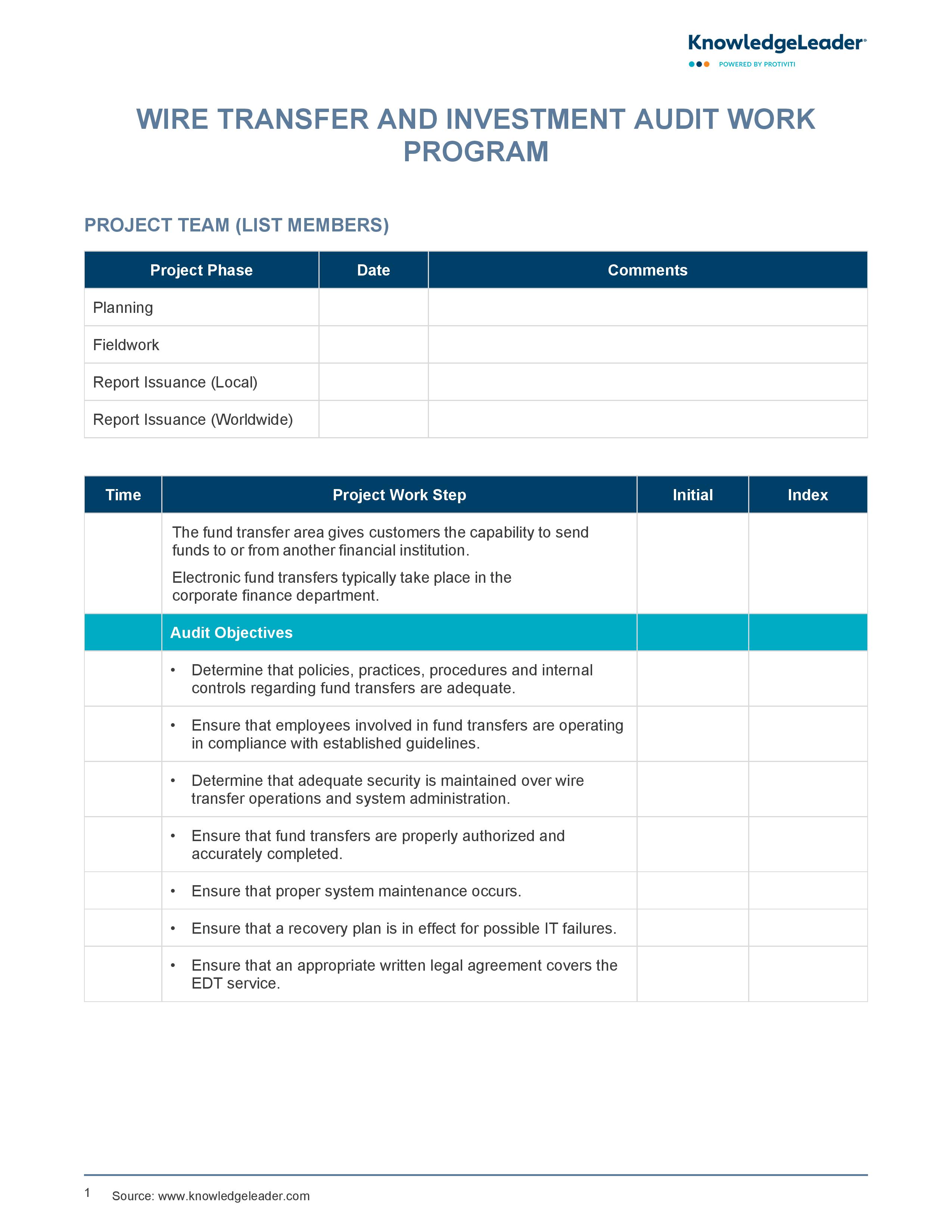 screenshot of the first page of Wire Transfer and Investment Work Program