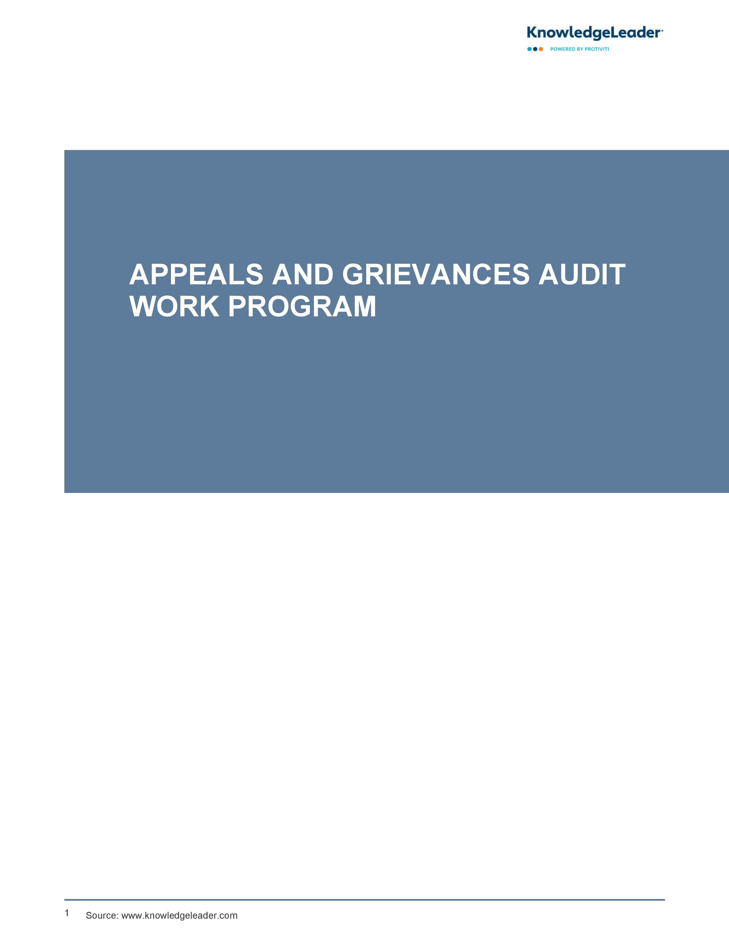 screenshot of the first page of Appeals and Grievances Audit Work Program