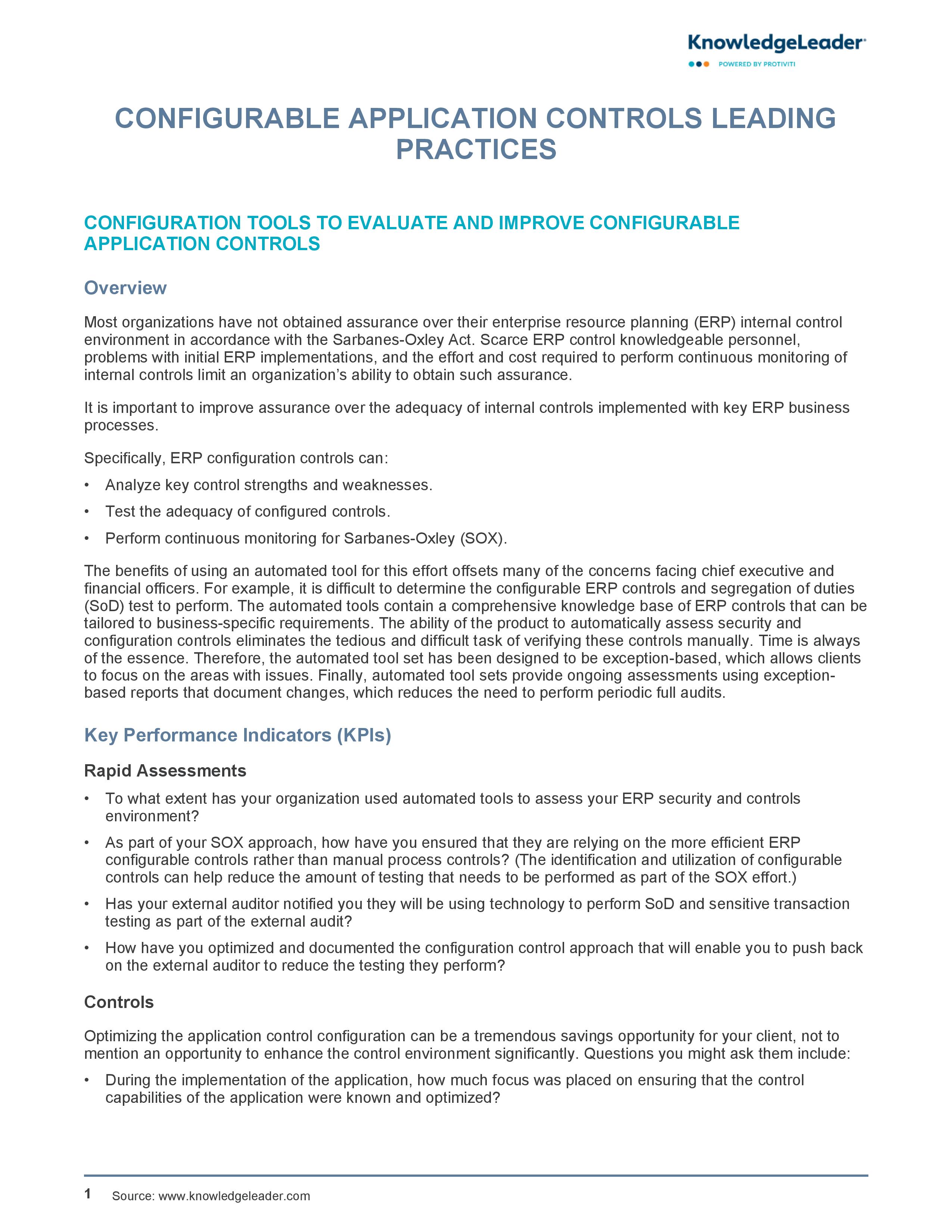 Screenshot of the first page of Configurable Application Controls Leading Practices