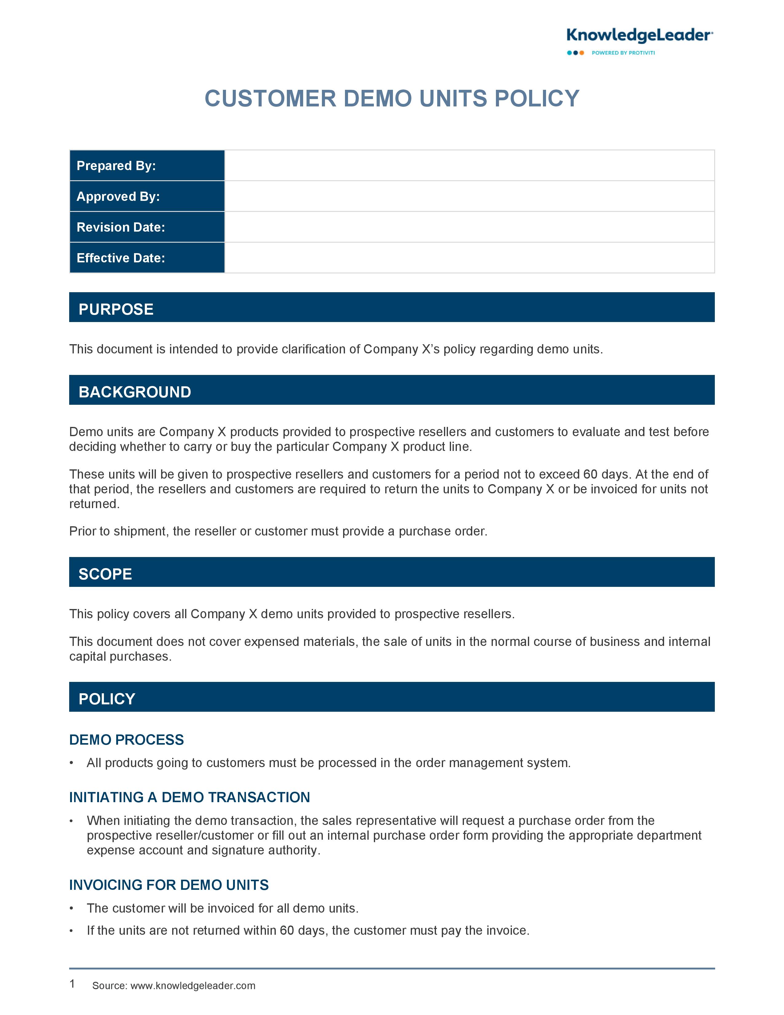 screenshot of the first page of Customer Demo Units Policy