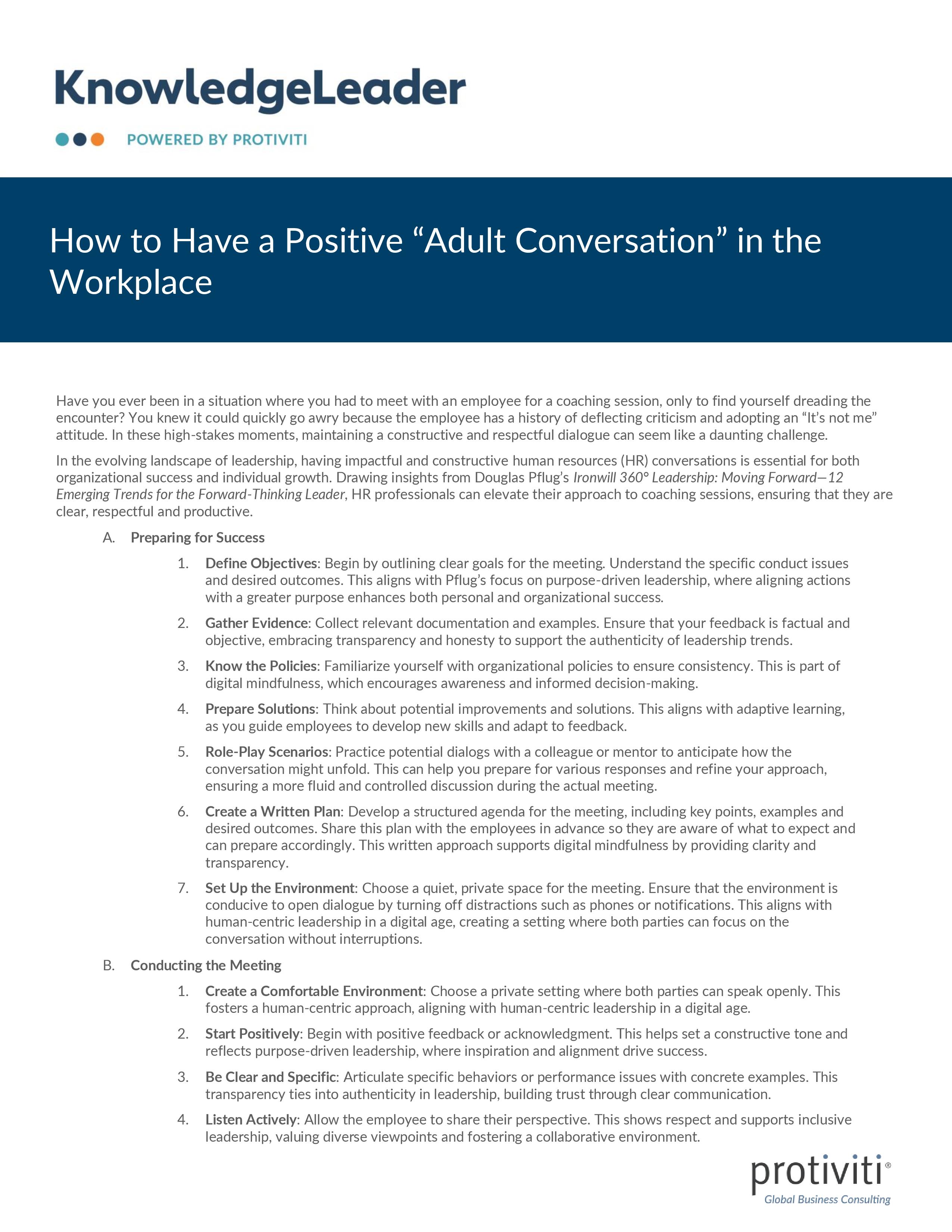 screenshot of first page of How to Have a Positive “Adult Conversation” in the Workplace