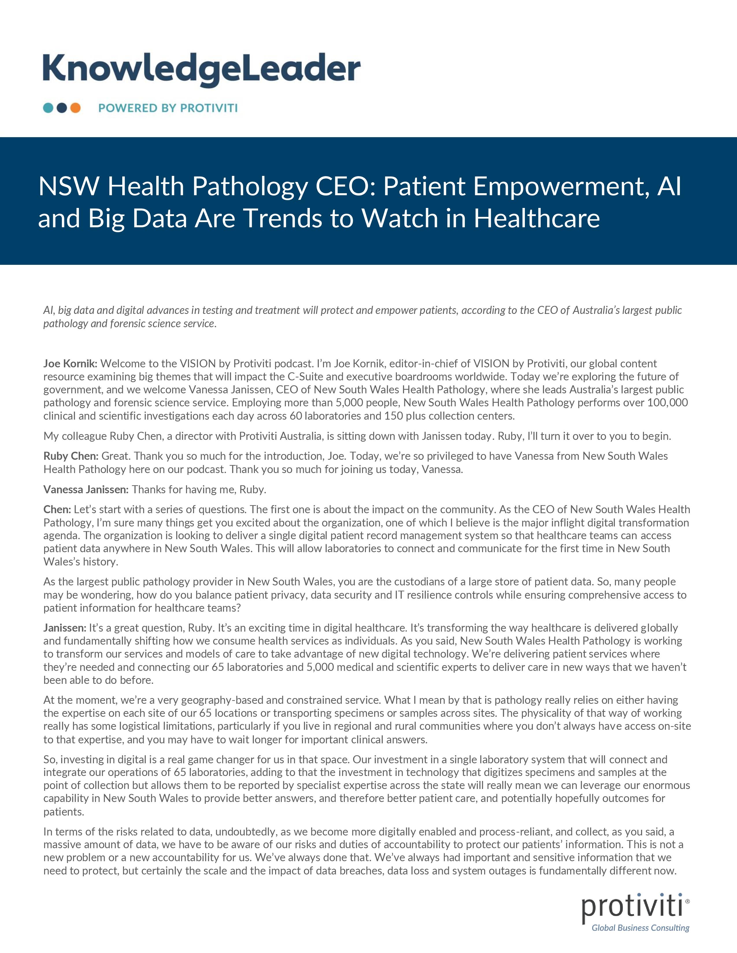 screenshot of the first page of NSW Health Pathology CEO Patient Empowerment, AI and Big Data Are Trends to Watch in Healthcare