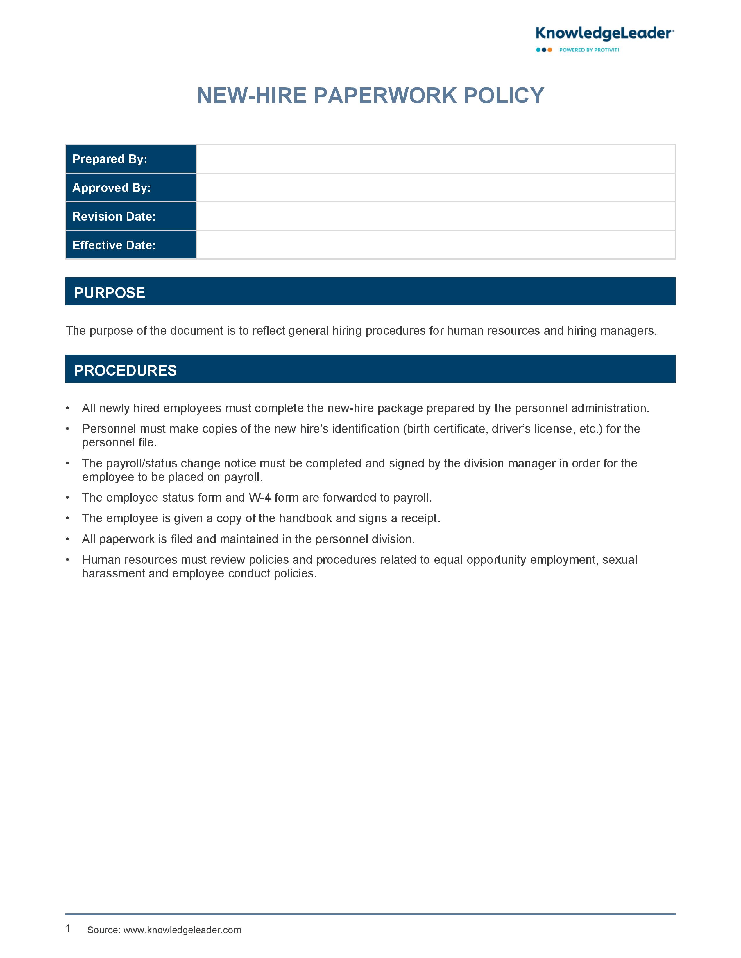 screenshot of the first page of New-Hire Paperwork Policy