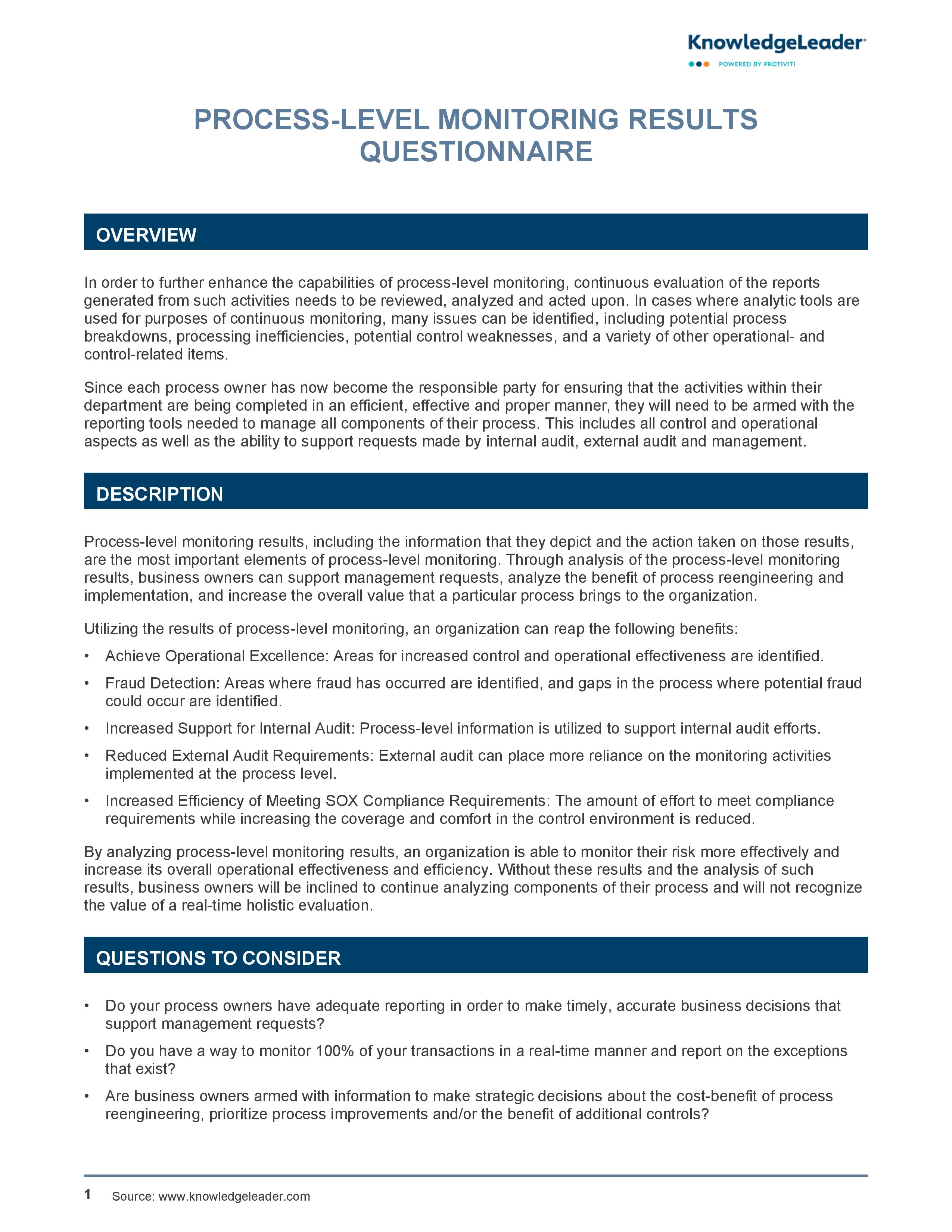 screenshot of the first page of Process-Level Monitoring Results Questionnaire