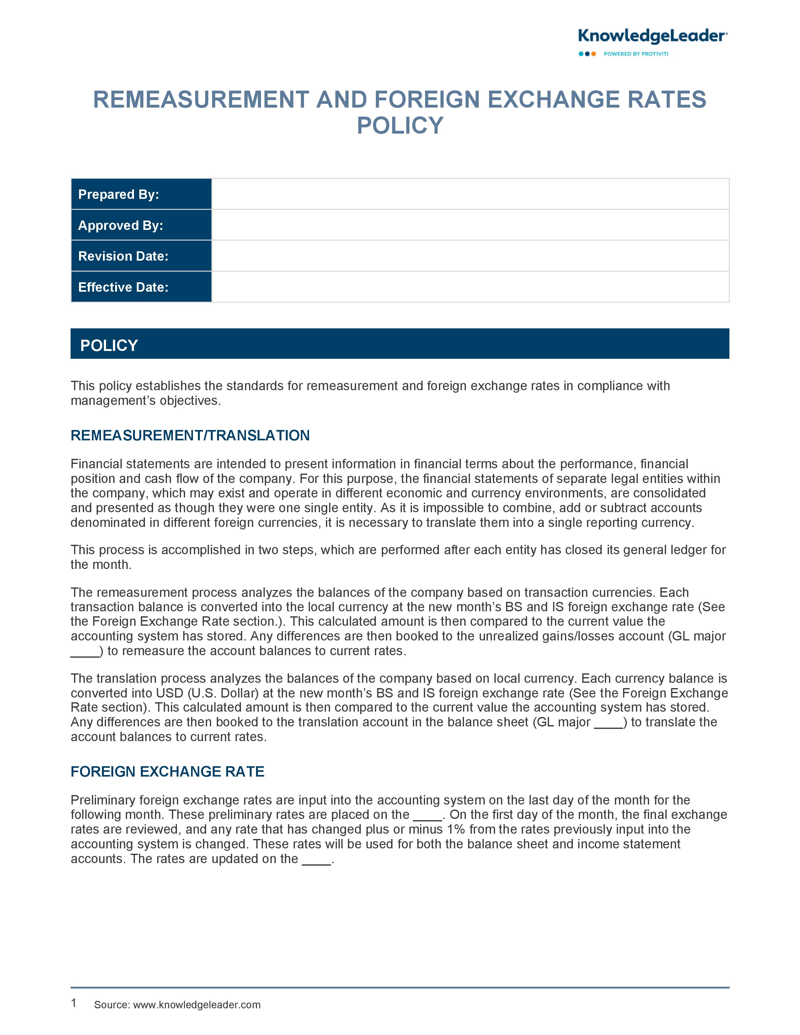 Screenshot of the first page of Remeasurement and Foreign Exchange Rates Policy