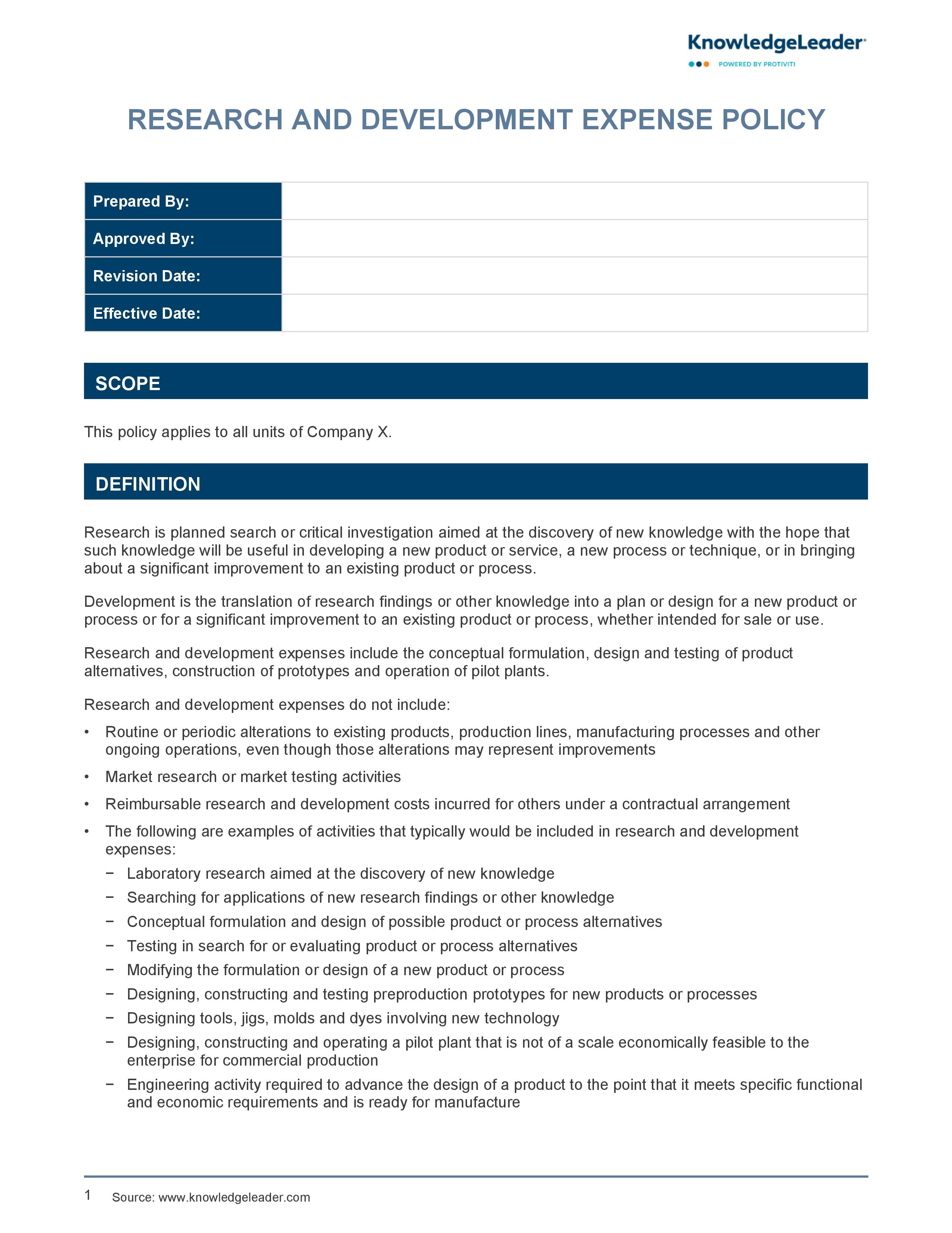 Screenshot of the first page of Research and Development Expense Policy