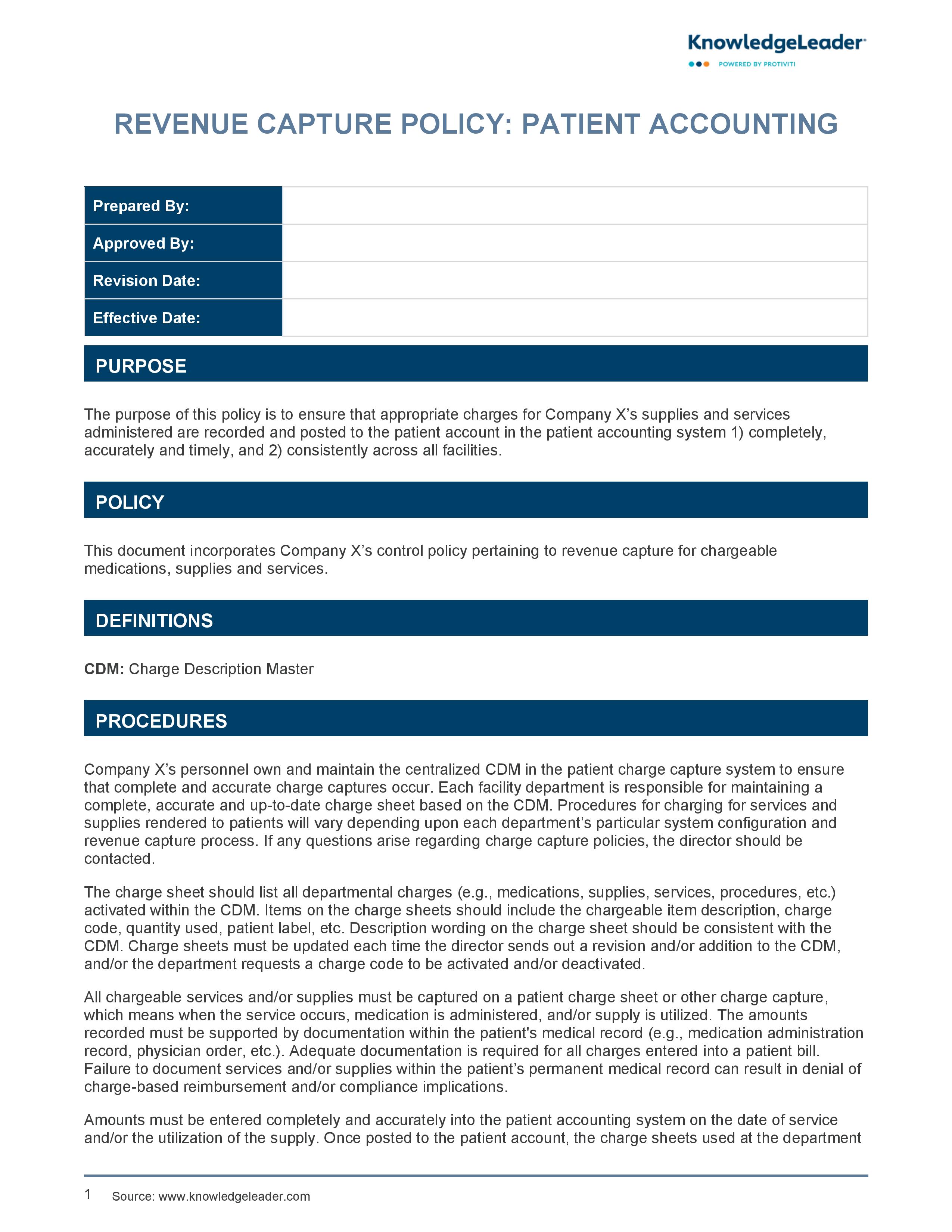 screenshot of the first page of Revenue Capture Policy: Patient Accounting