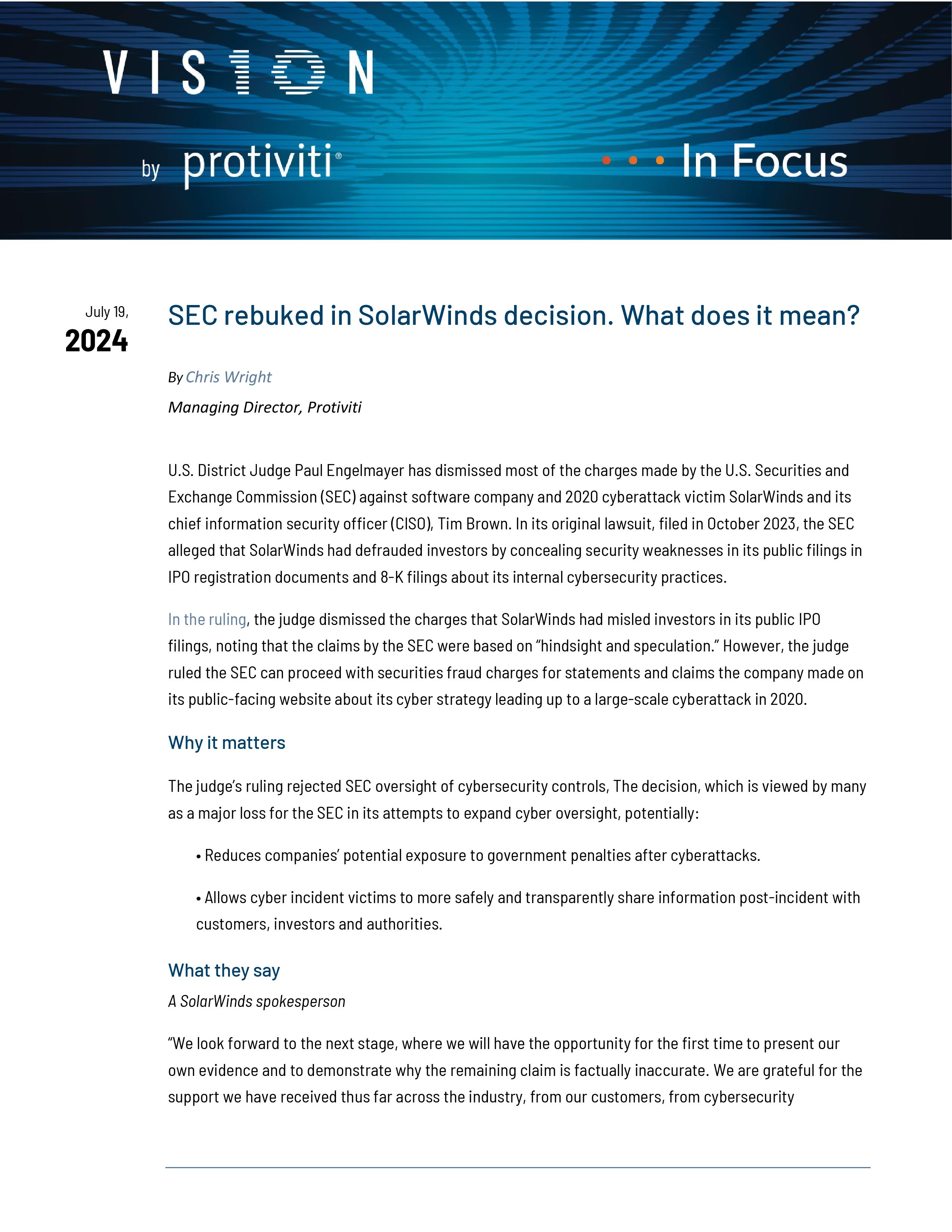 screenshot of the first page of SEC Rebuked in SolarWinds Decision What Does It Mean