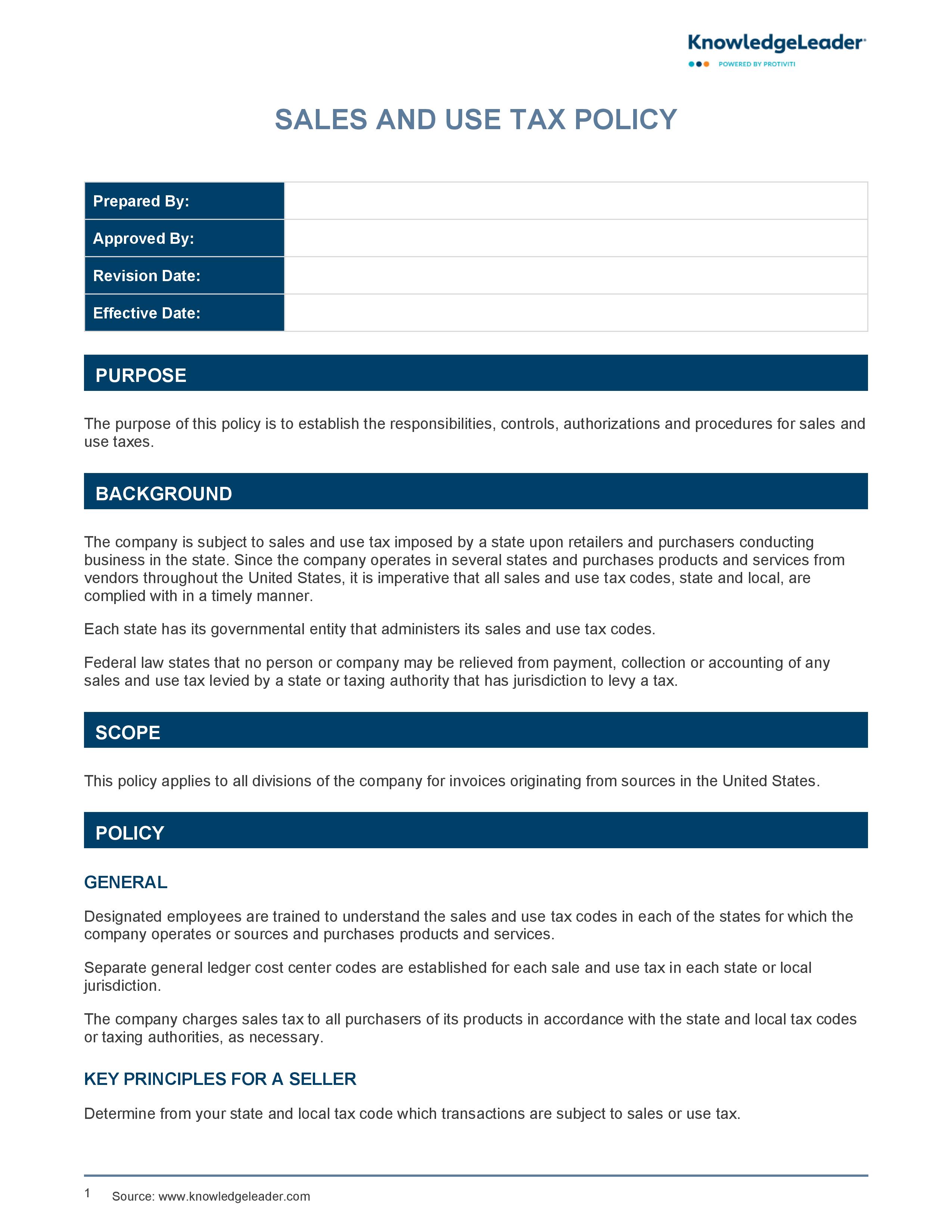 screenshot of the first page of Sales and Use Tax Policy