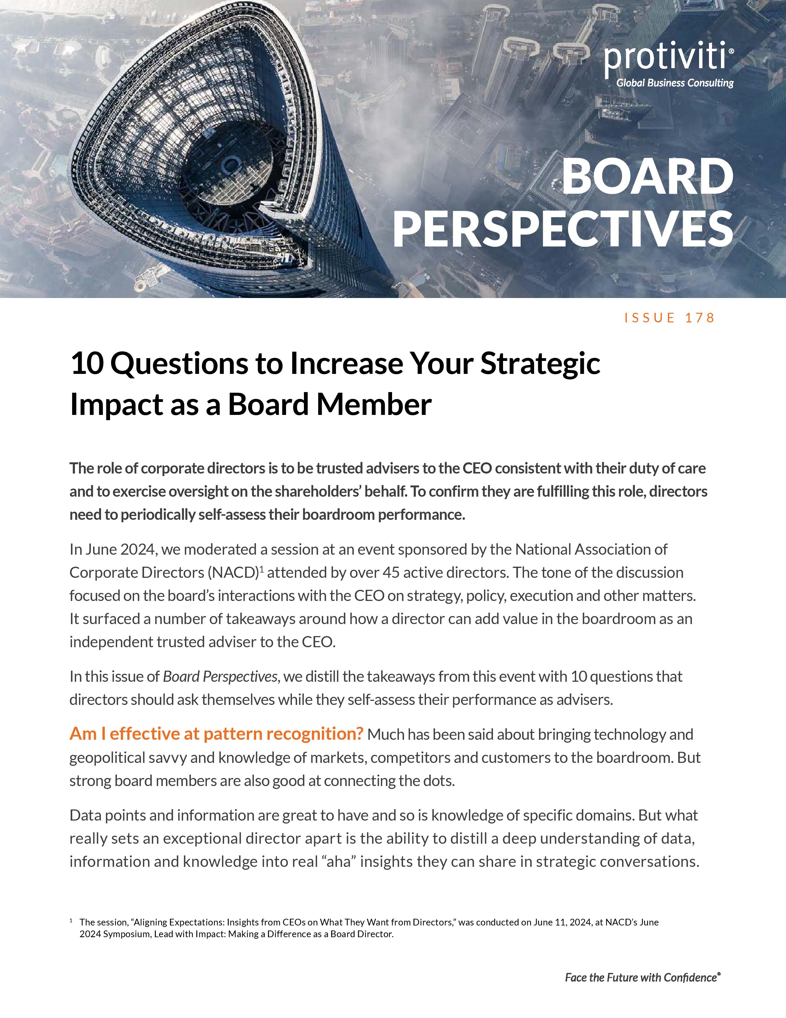 screenshot of the first page of Ten Questions to Increase Your Strategic Impact as a Board Member