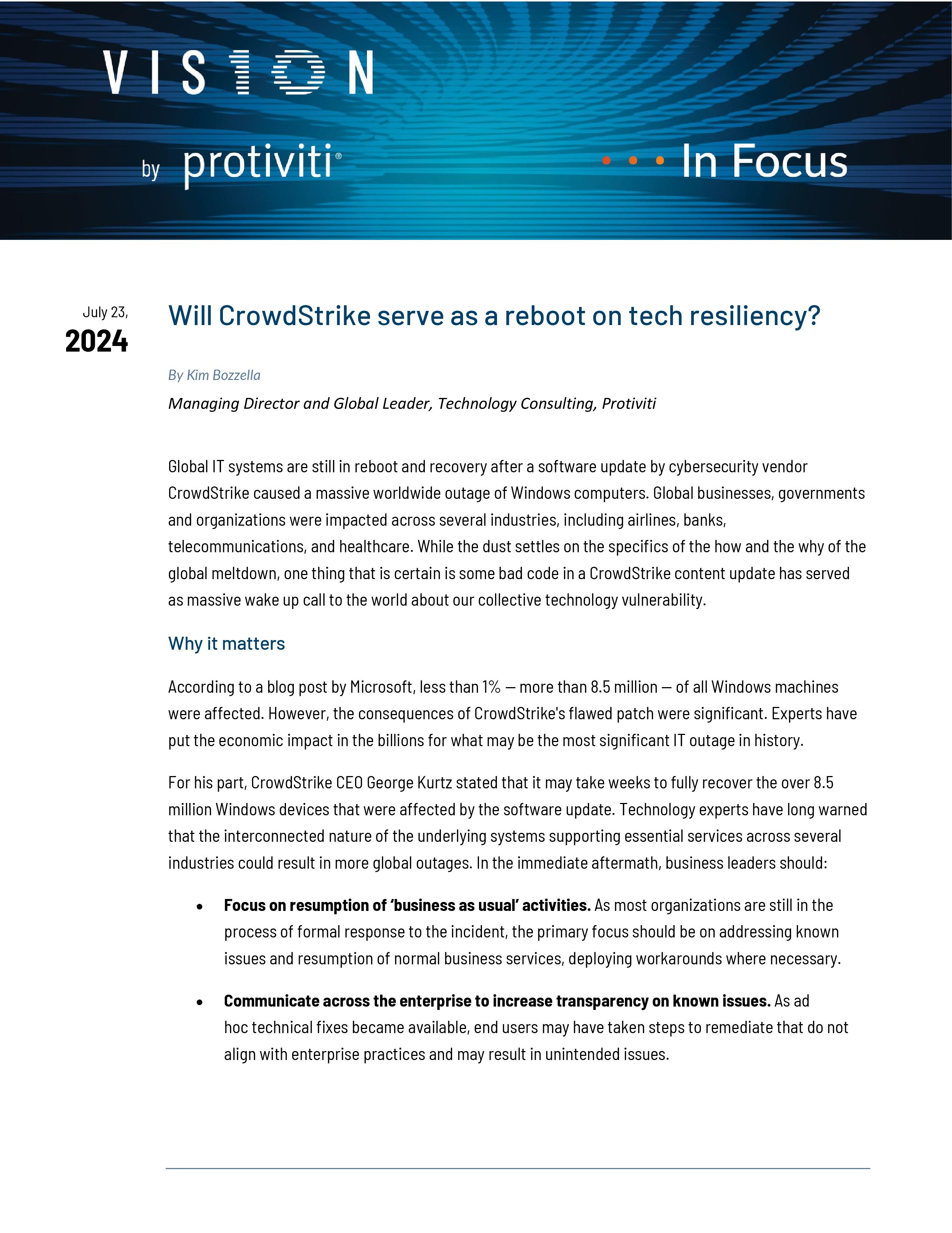 screenshot of the first page of Will CrowdStrike Serve as a Reboot on Tech Resiliency