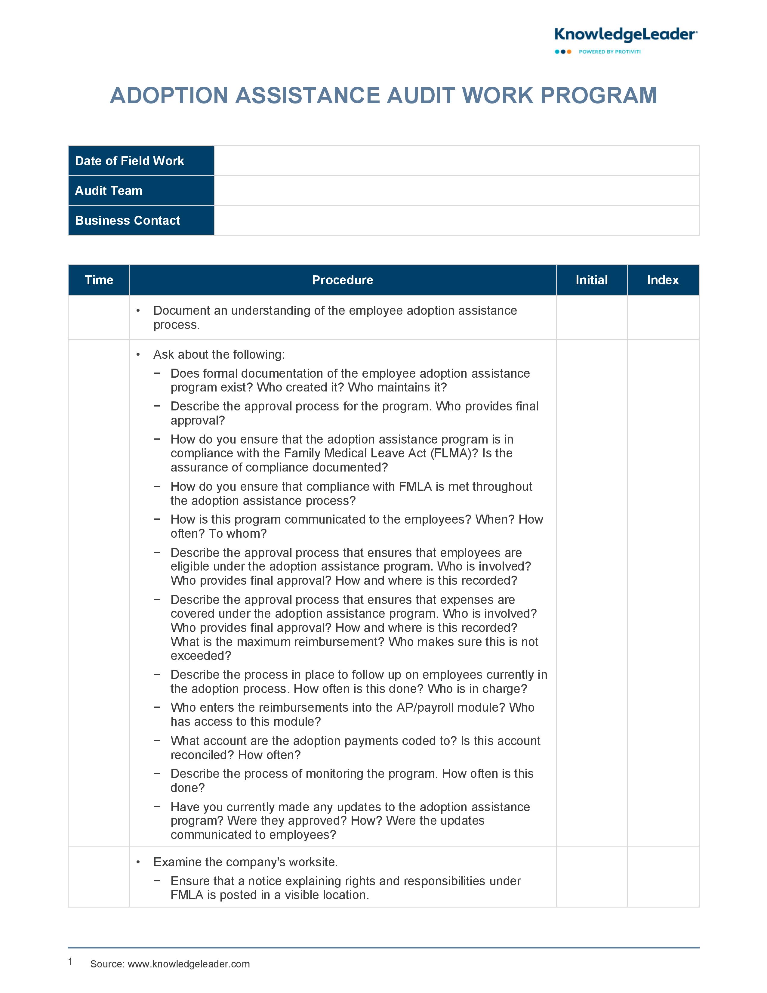 screenshot of the first page of Adoption Assistance Audit Work Program