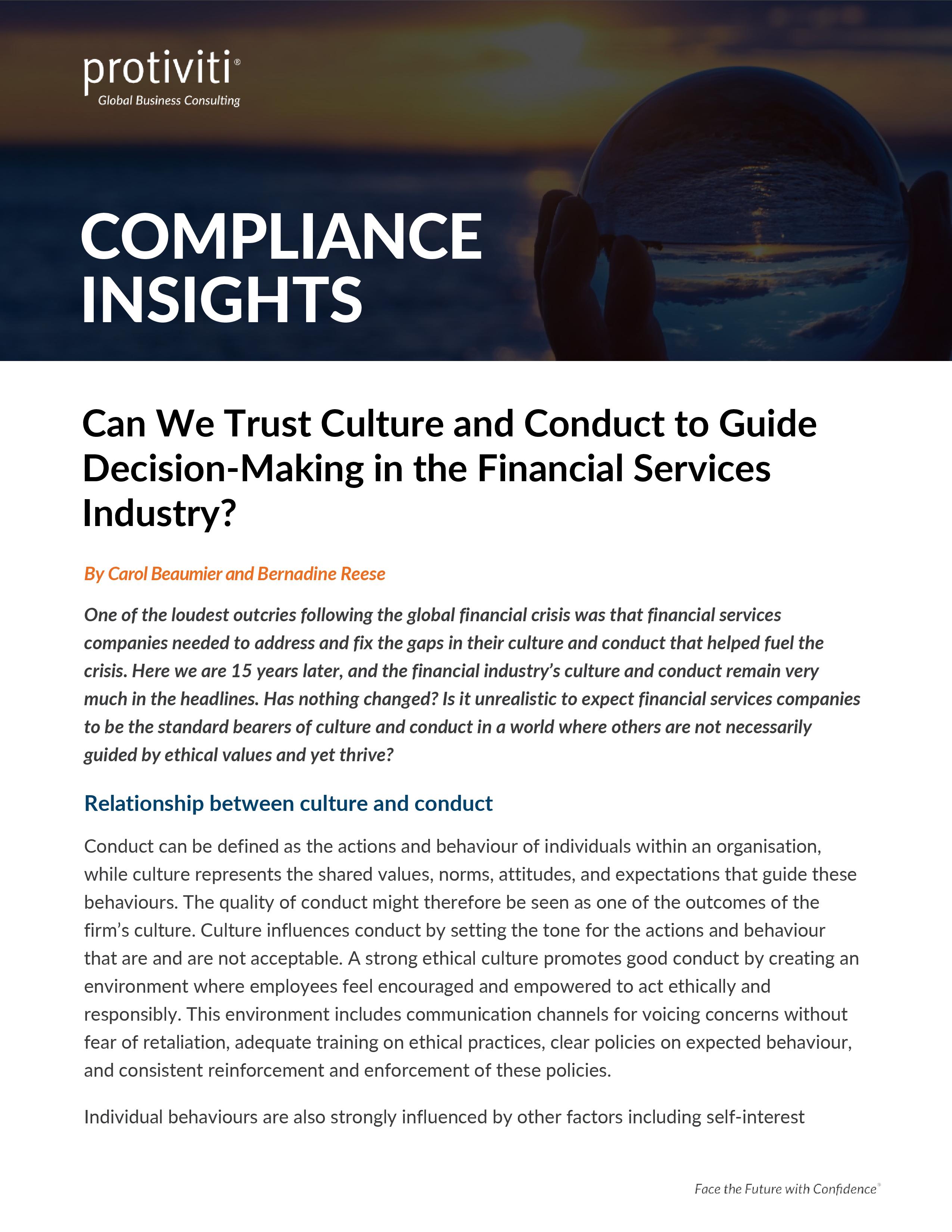 screenshot of the first page of Can We Trust Culture and Conduct to Guide Decision-Making in the Financial Services Industry